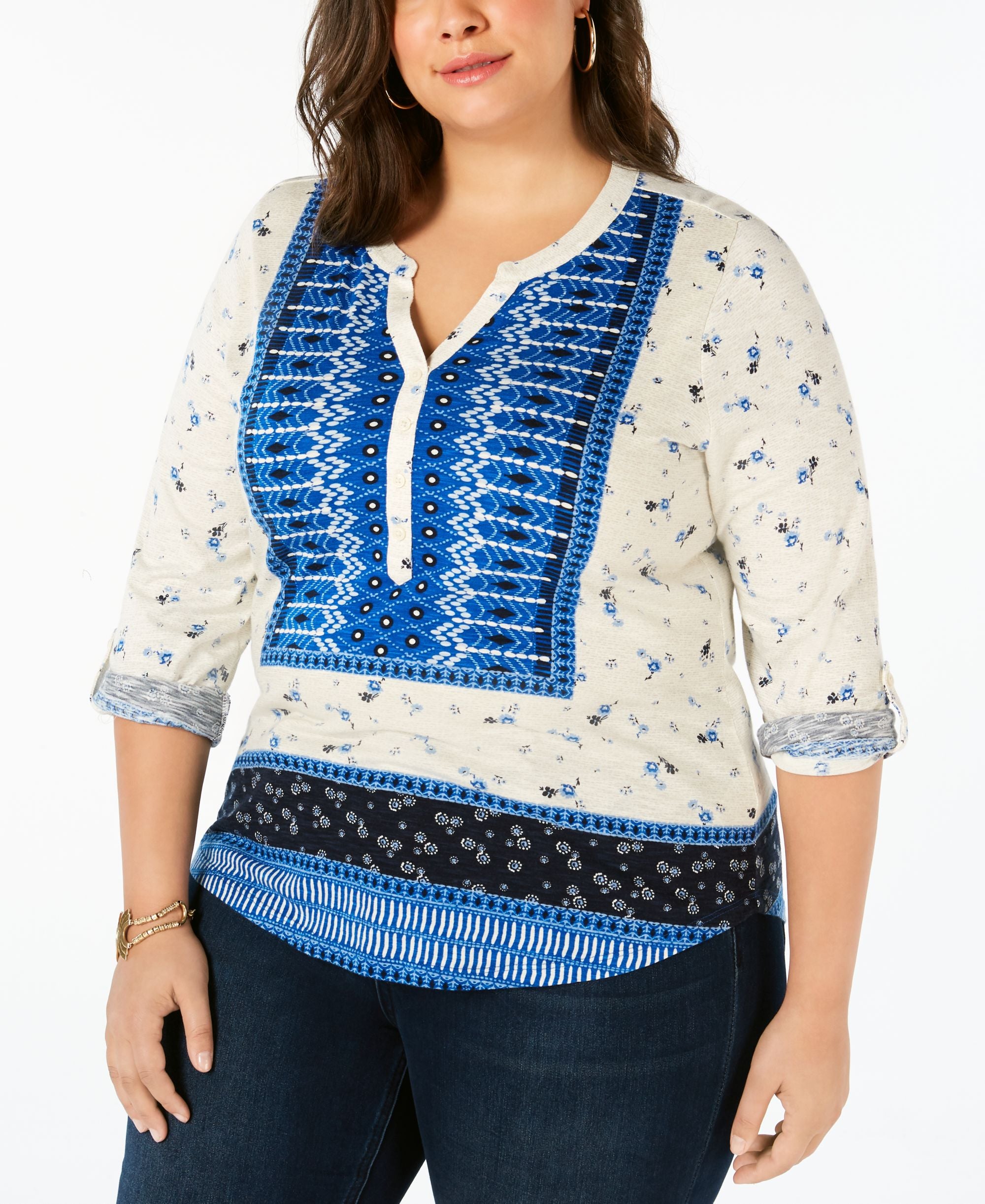 Plus Size Printed Roll-Tab Top