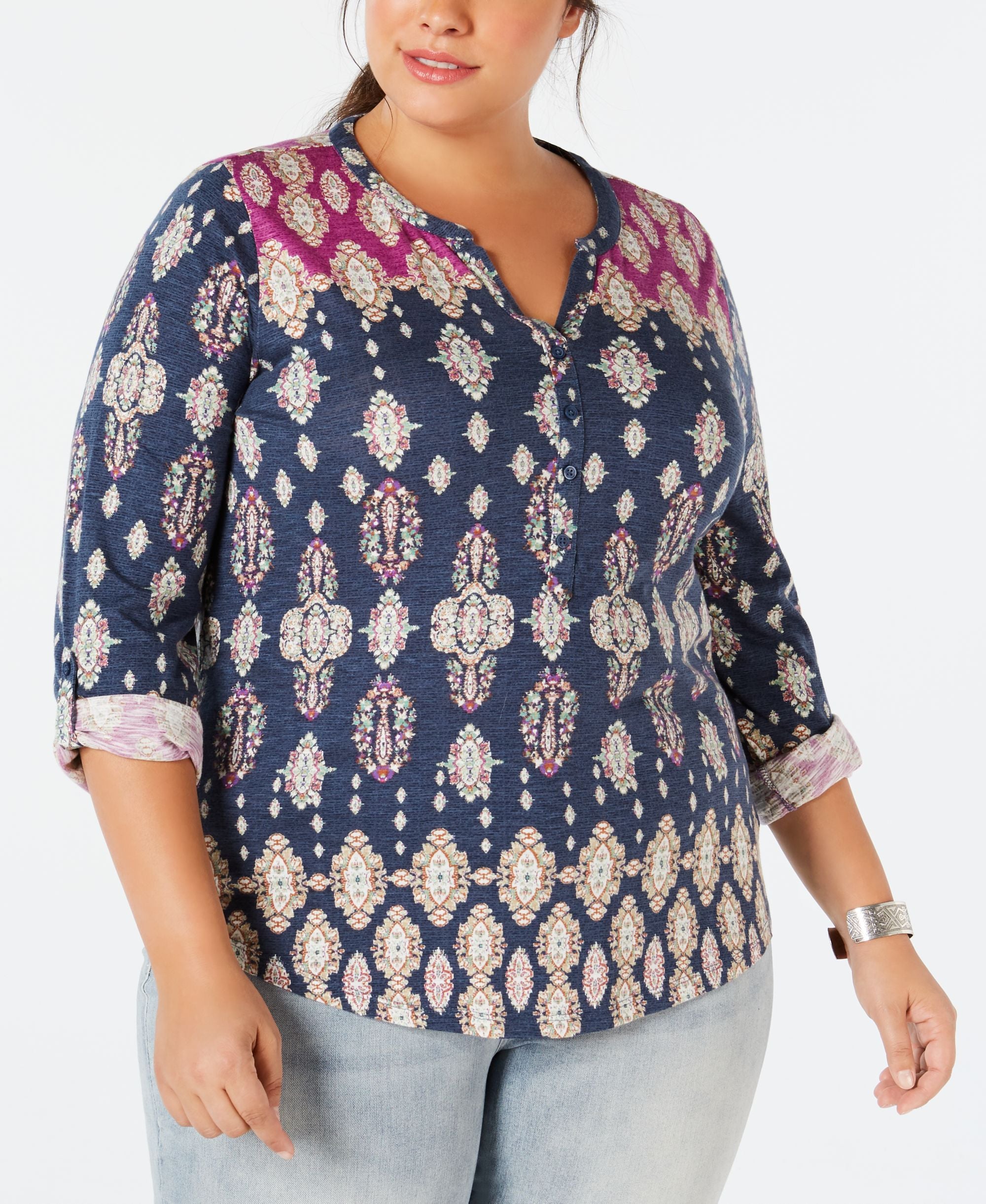 Style & Co Plus Size Printed Roll Tab Top