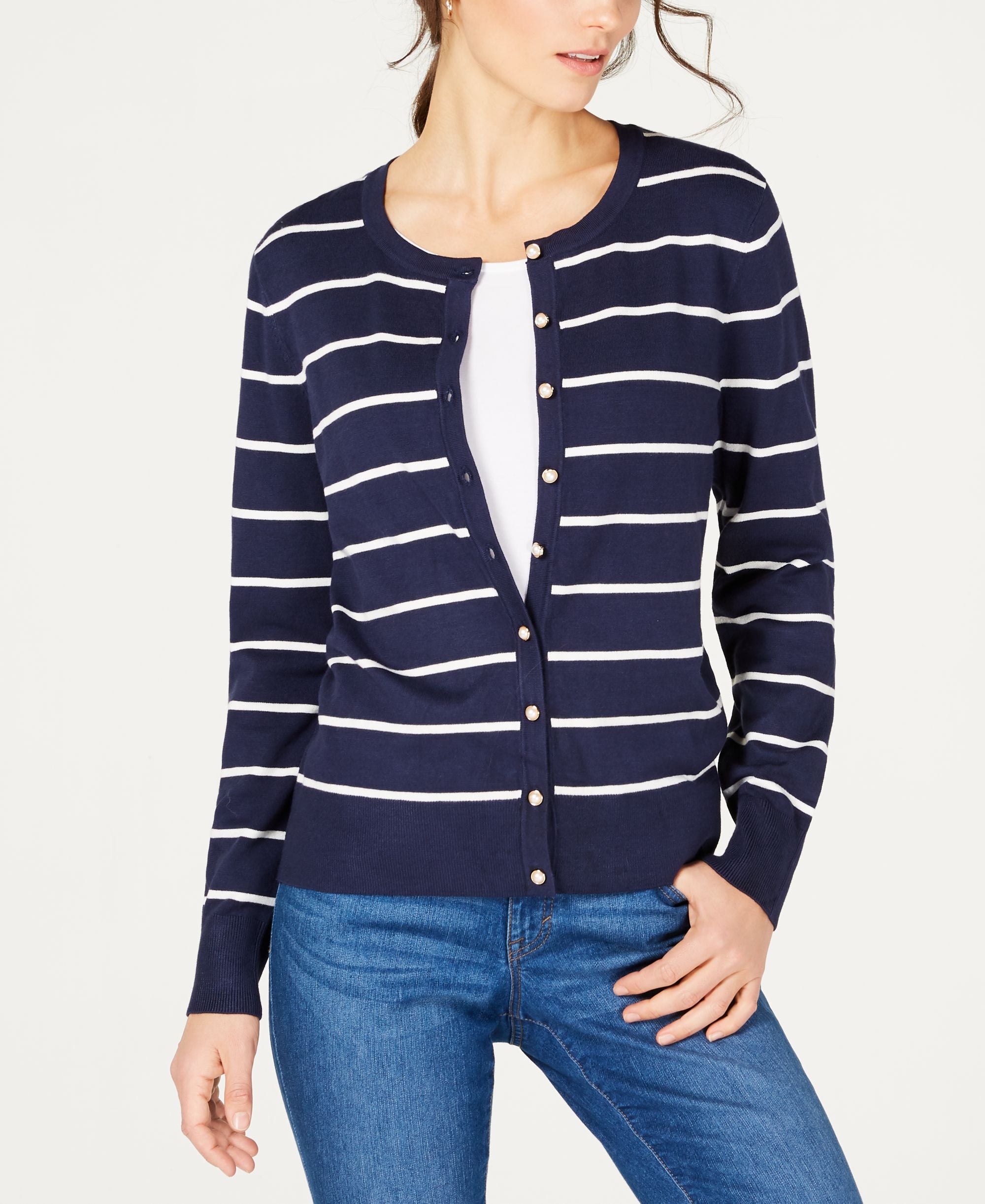 Charter Club Faux Pearl Button Striped Cardigan