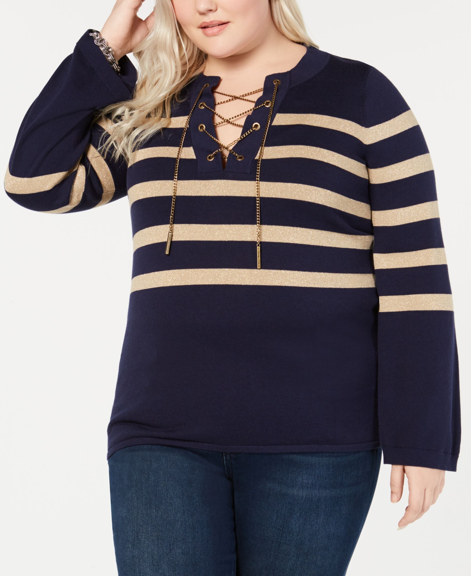 Michael Michael Kors Plus Size Split Neck Striped Top