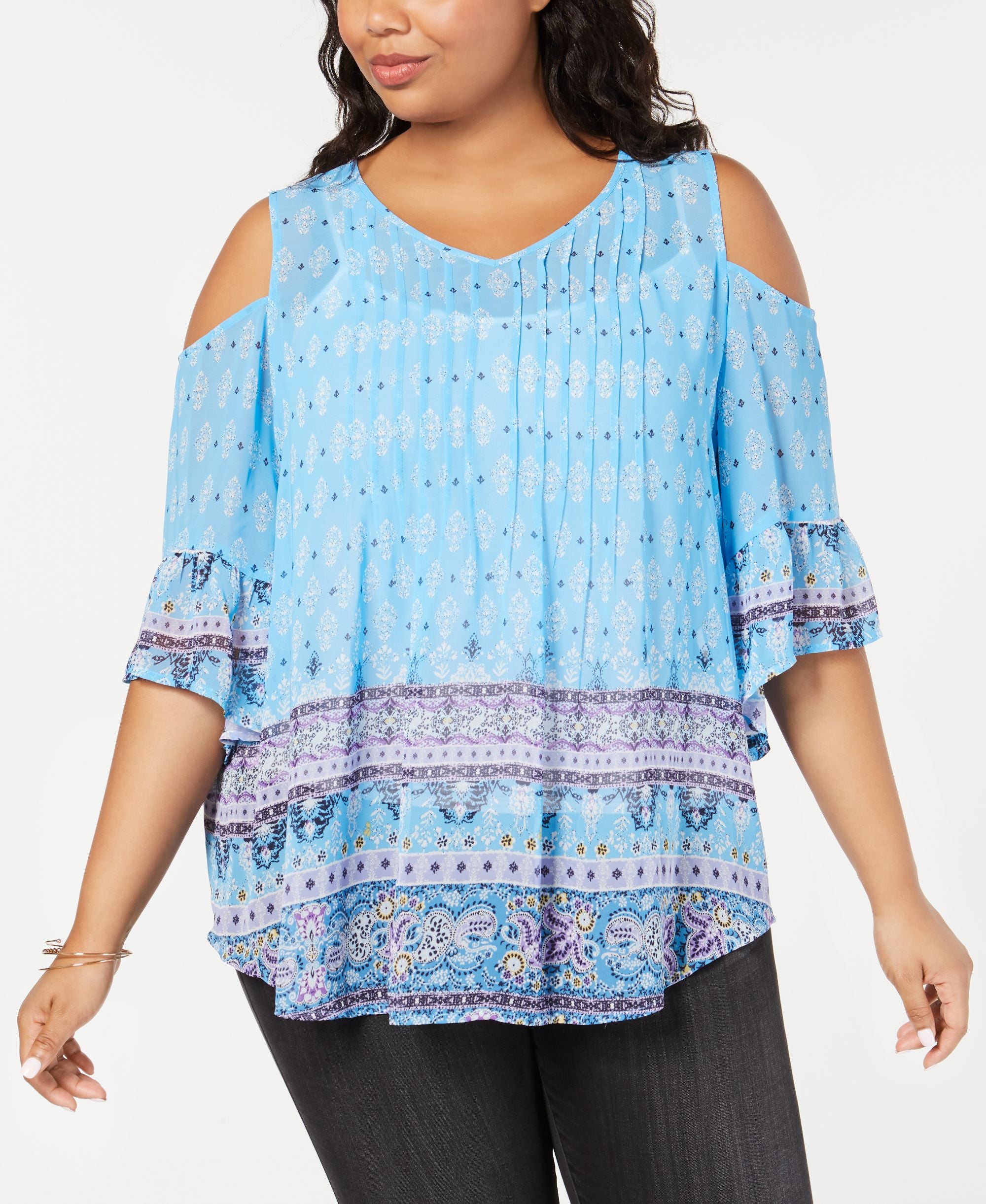Style & Co Plus Size Border Print Cold Shoulder Top
