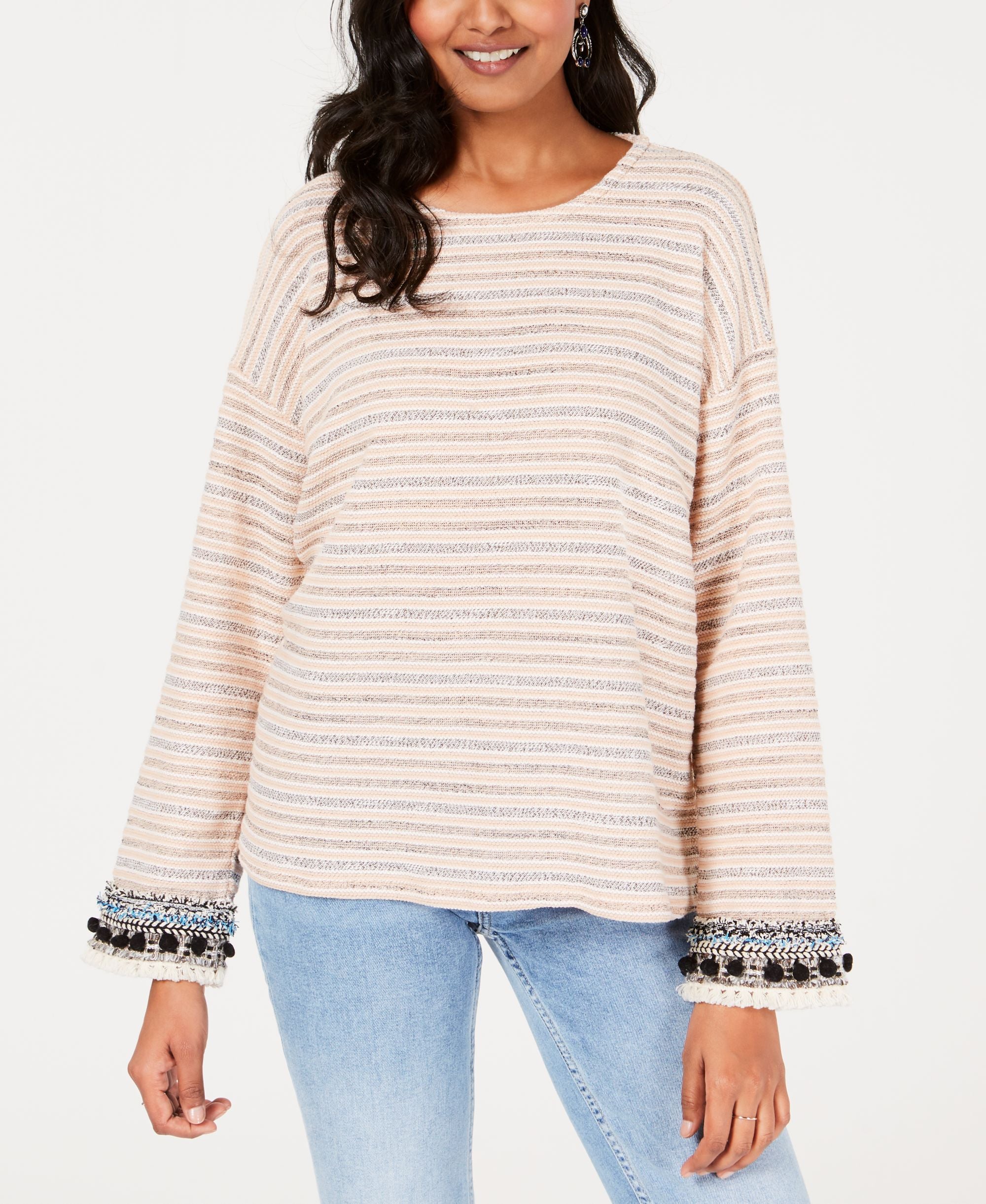 Textured-Stripe Fringe-Trim Top