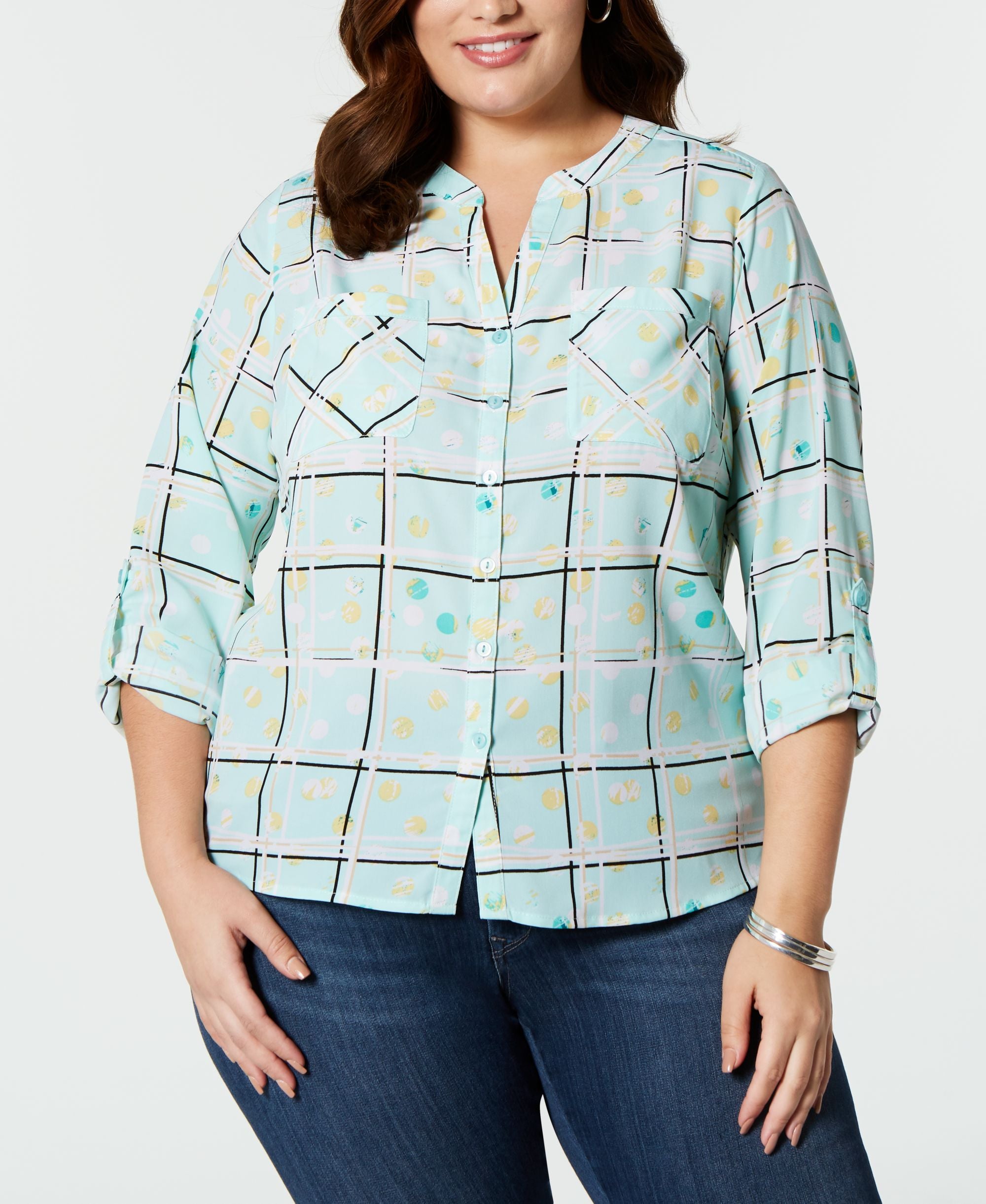 NY Collection Plus Size Printed Roll Tab Button Front Shirt