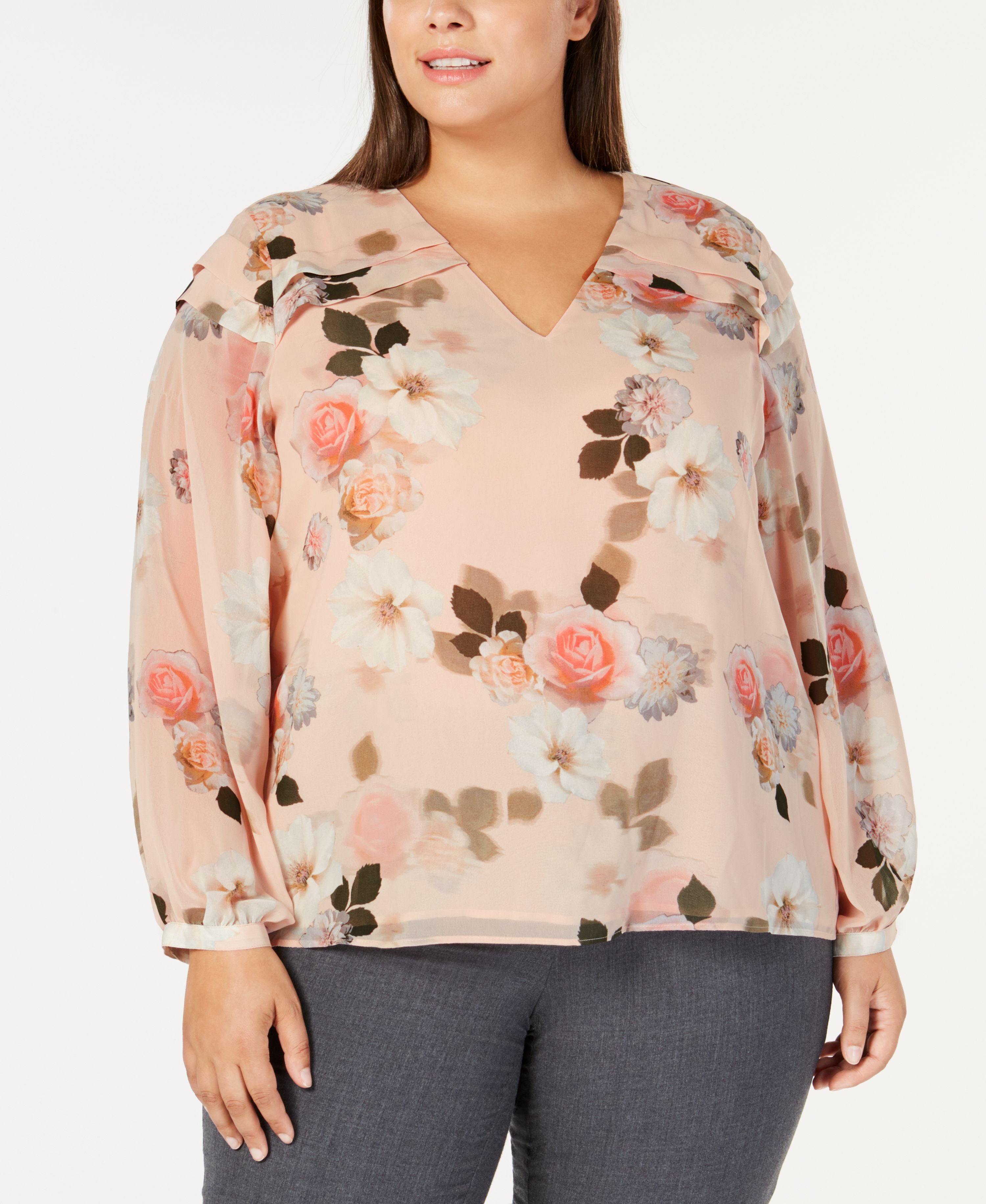 Calvin Klein Womens Plus Printed V Neck Blouse Peach 2X