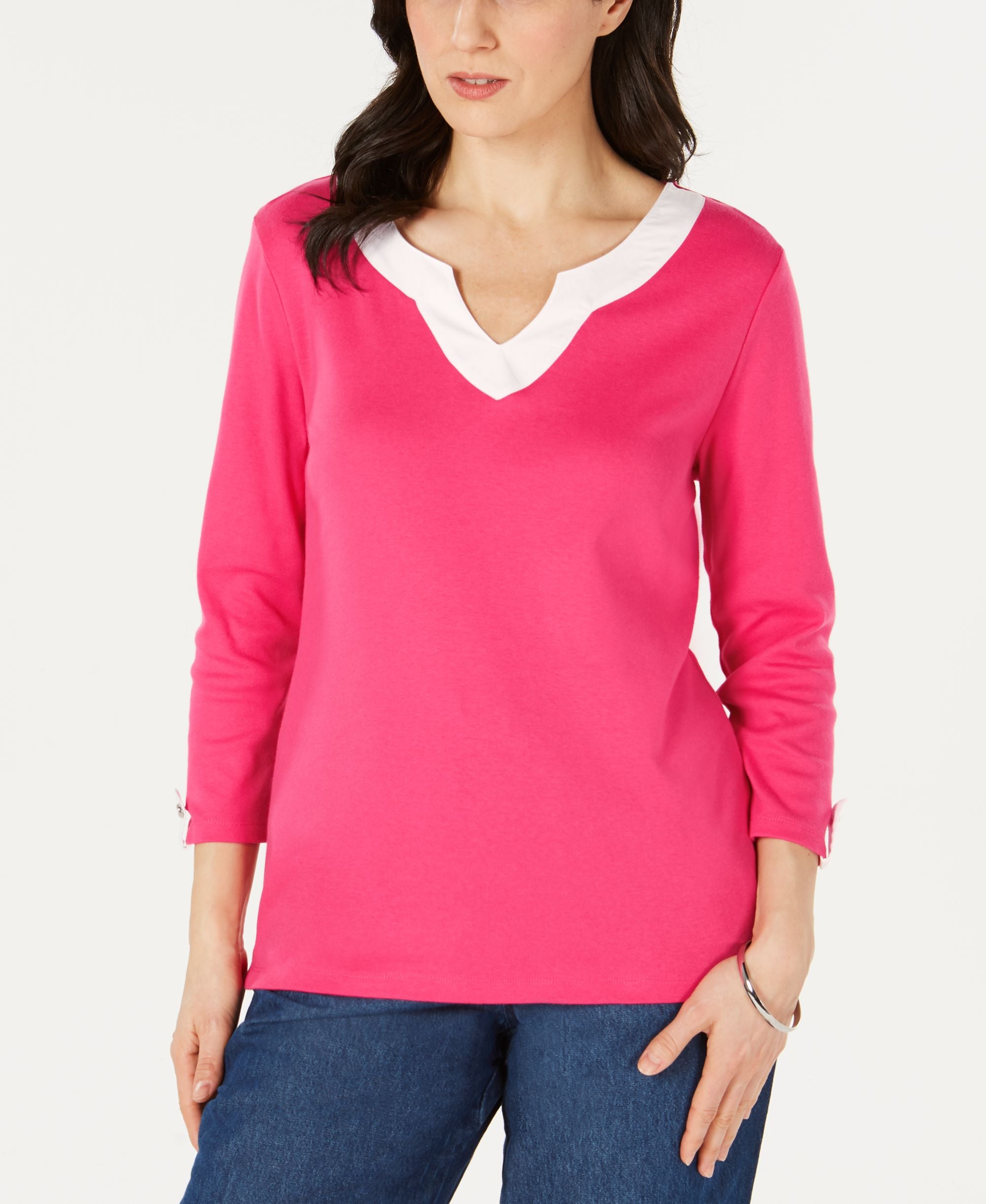 Karen Scott Cotton Split Neck Tab Sleeve Top