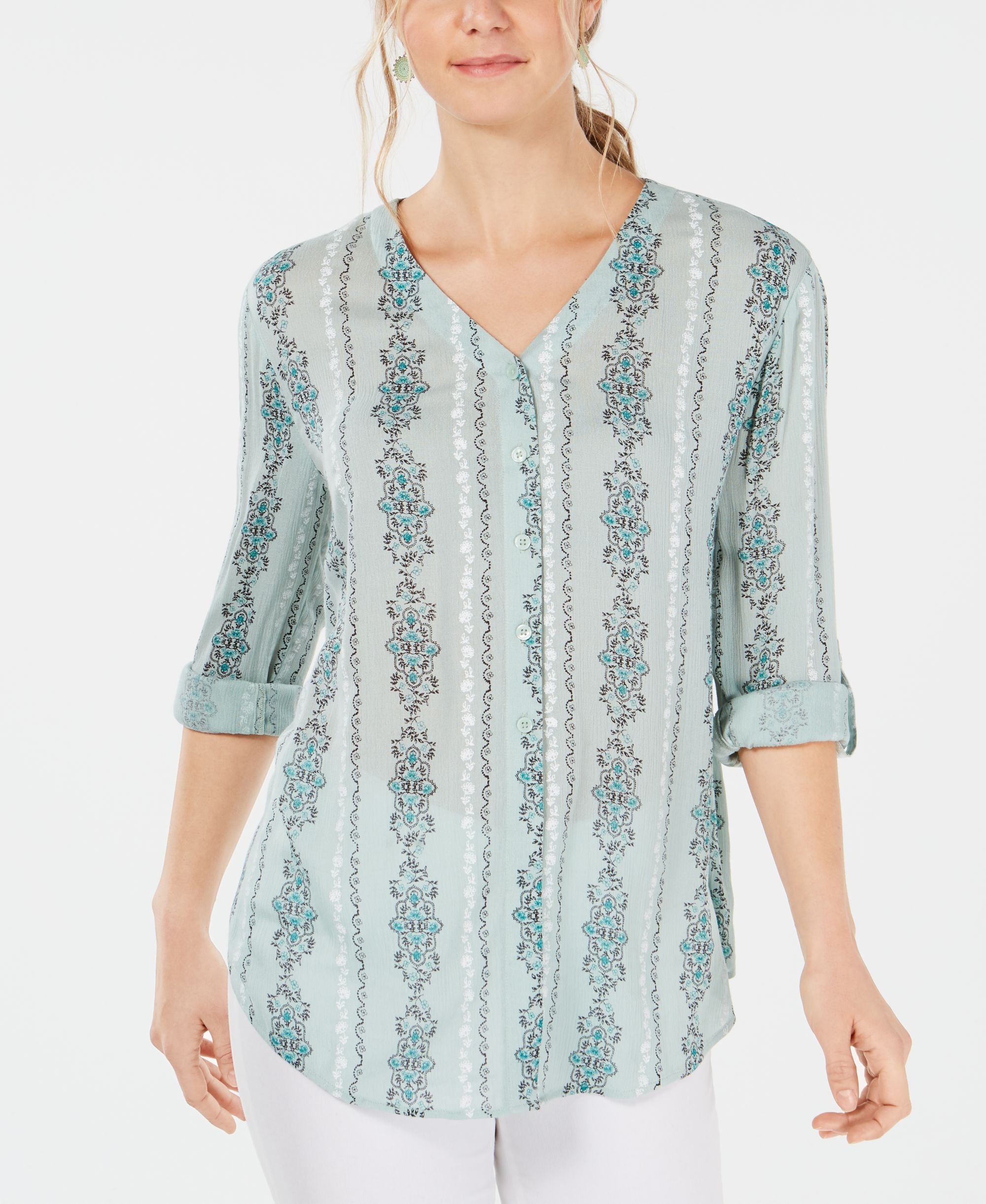 Style & Co Printed Roll Tab Tie Front Shirt