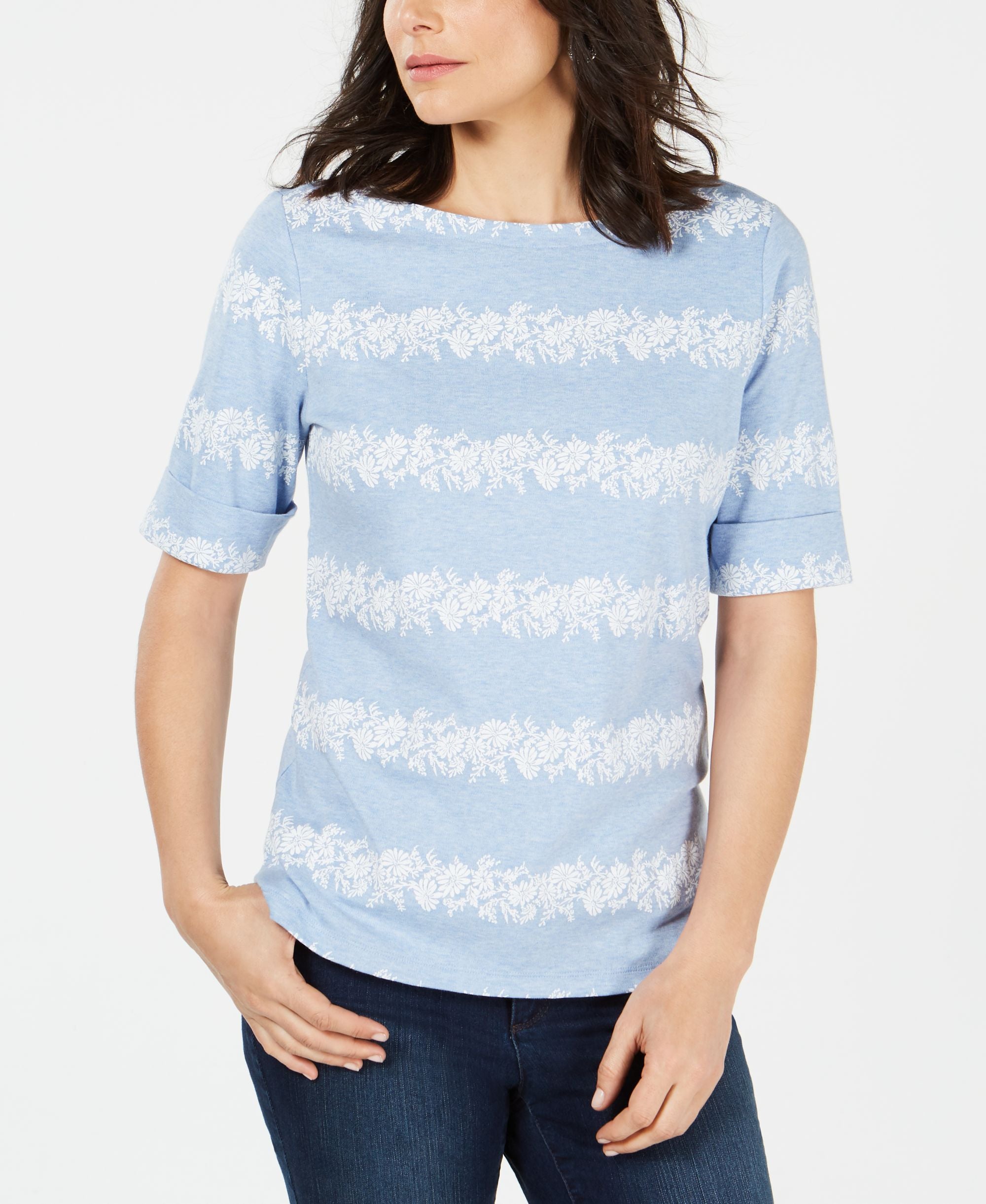 Karen Scott Floral Striped Boat Neck Top