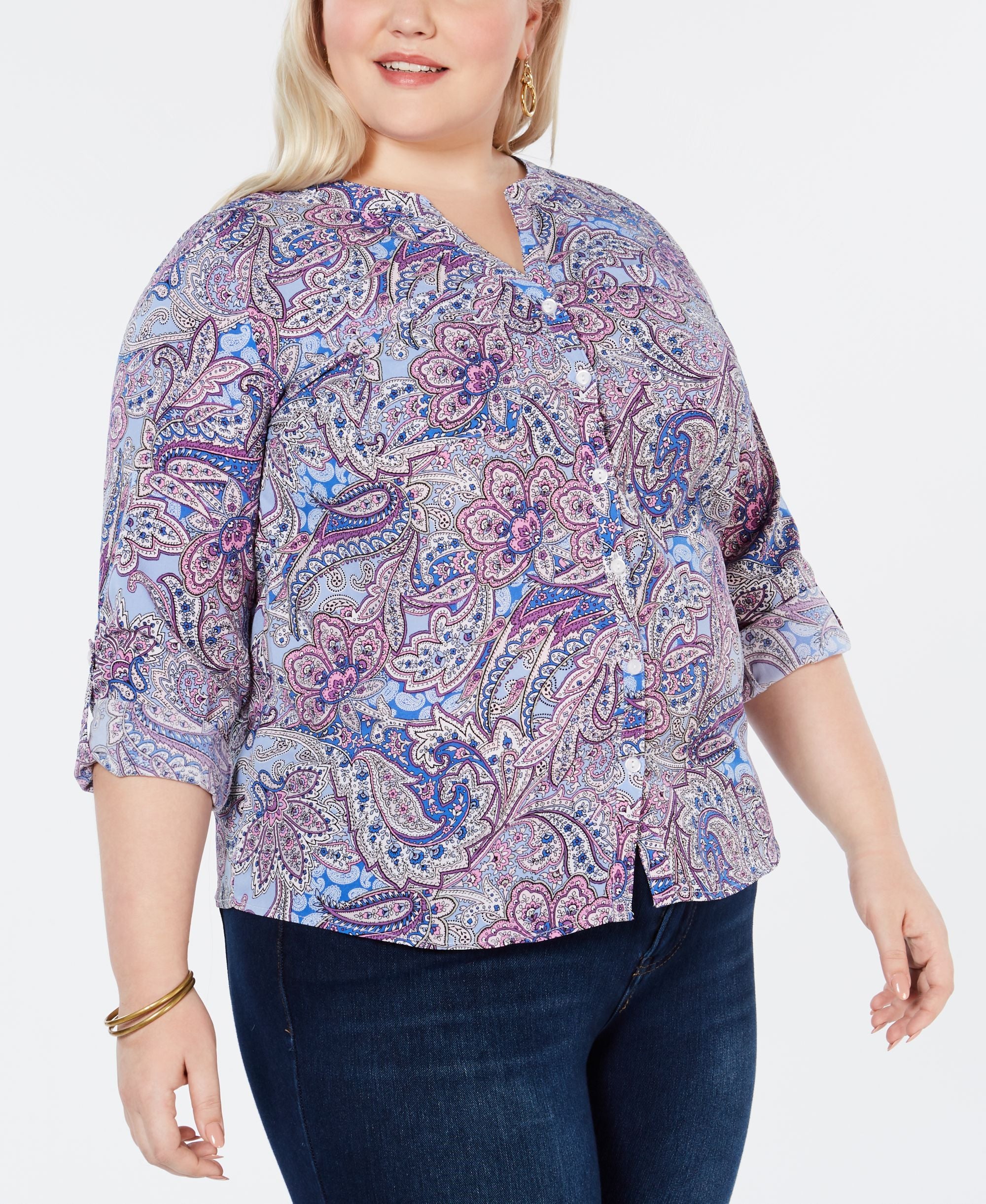 NY Collection Plus Size Printed Roll Tab Sleeve Utility Shirt