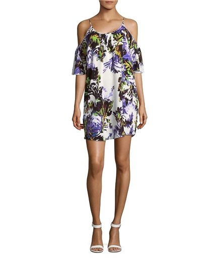 French Connection Womens Cold Shoulder Floral Printed Mini Dress (White/Brule, XS)