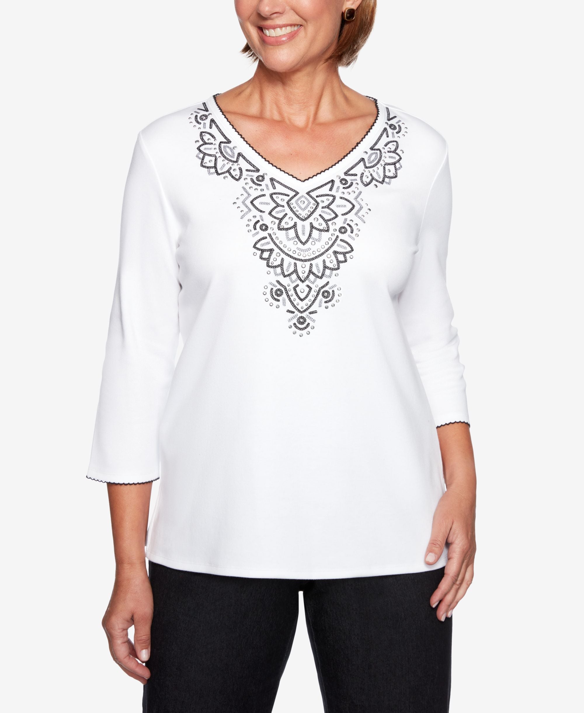 Alfred Dunner Grand Boulevard Embellished V Neck Top
