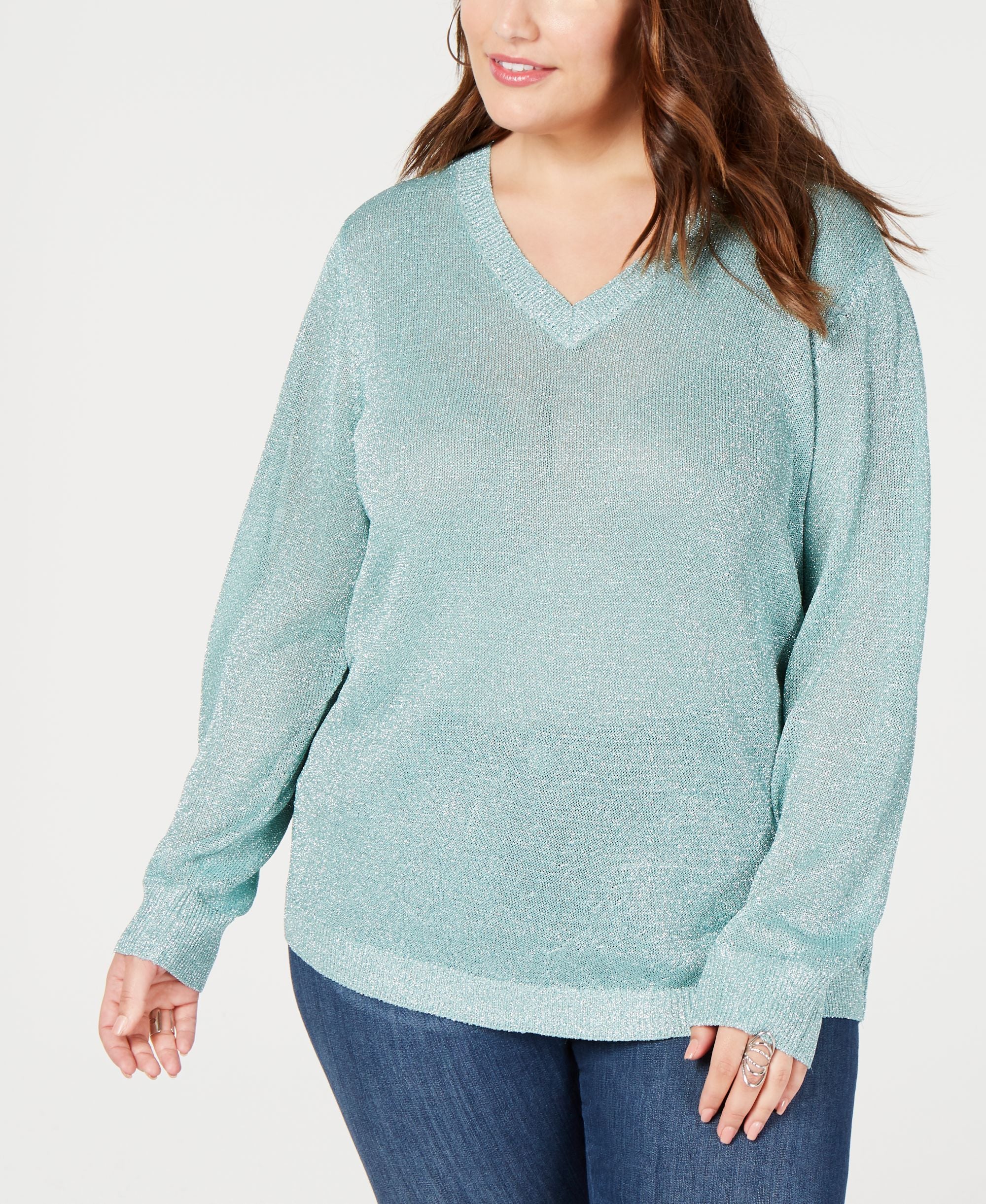 Plus Size V Neck Metallic Sweater
