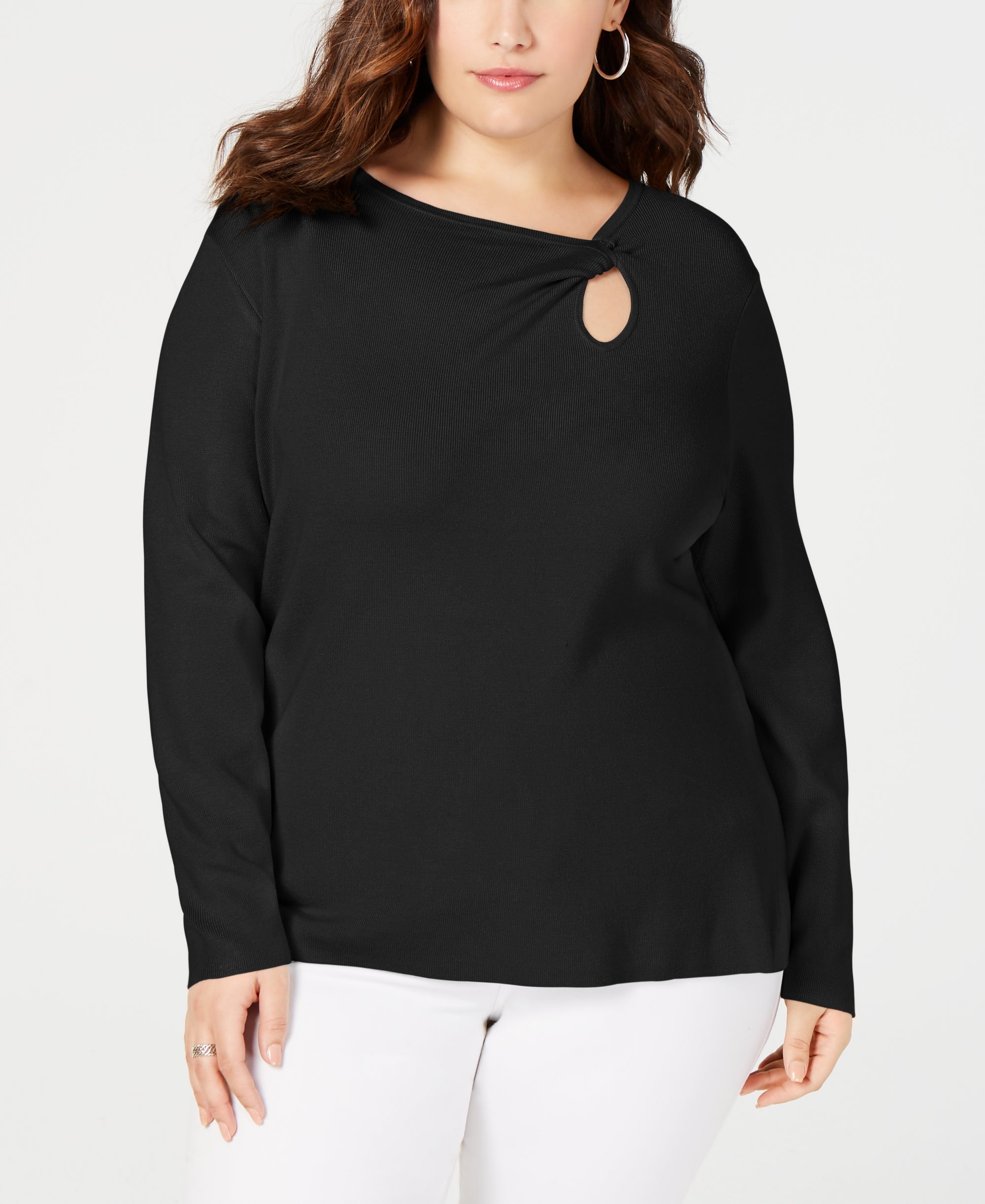 INC Plus Size Twist-Front Long-Sleeve Sweater