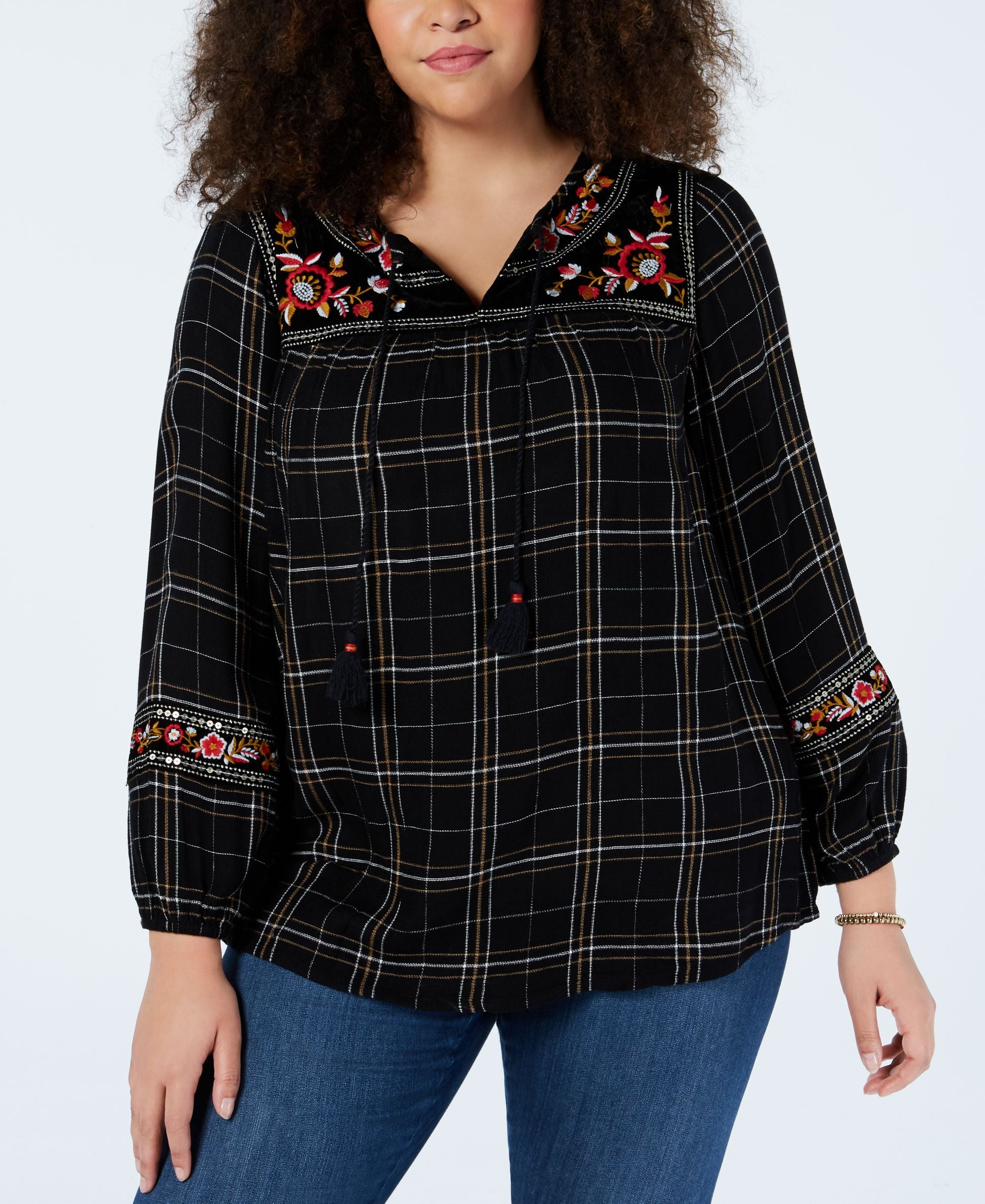 Style & Co Plus Size Embroidered Plaid Top
