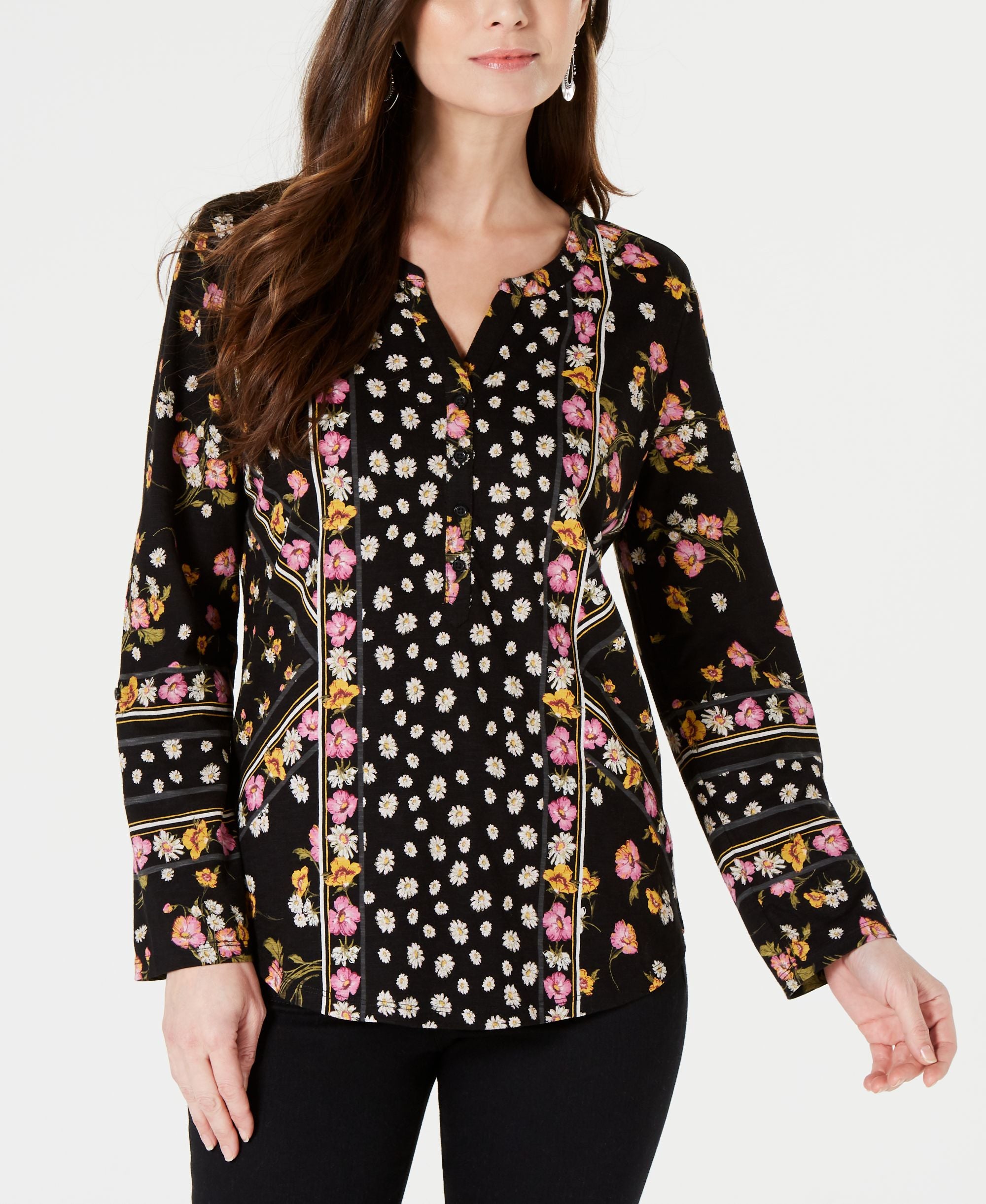 Style & Co Petite Printed Split Neck Shirt