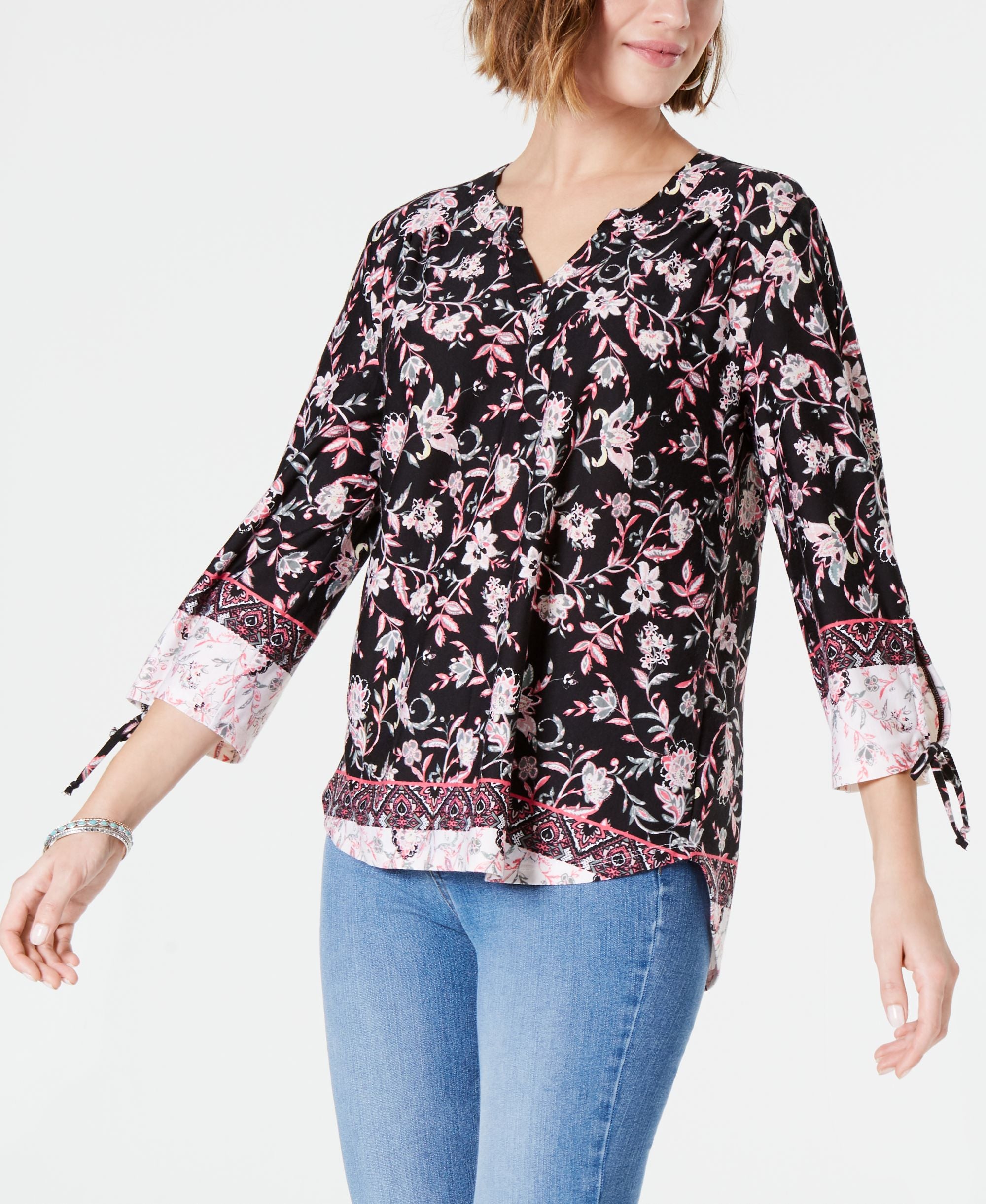 Style & Co Printed Tie Cuff Tunic