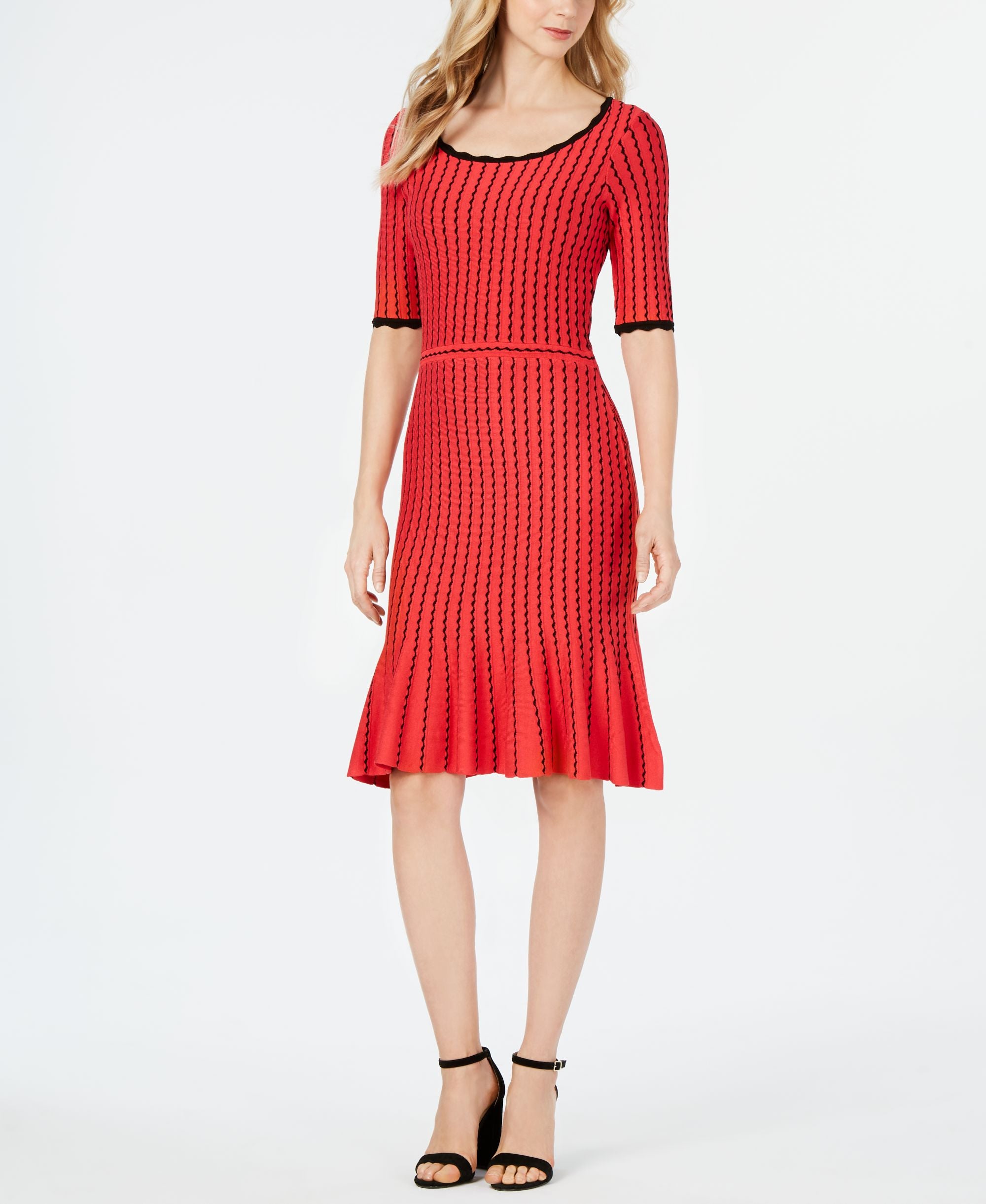 Elbow-Sleeve Ribbed Sweater Dress