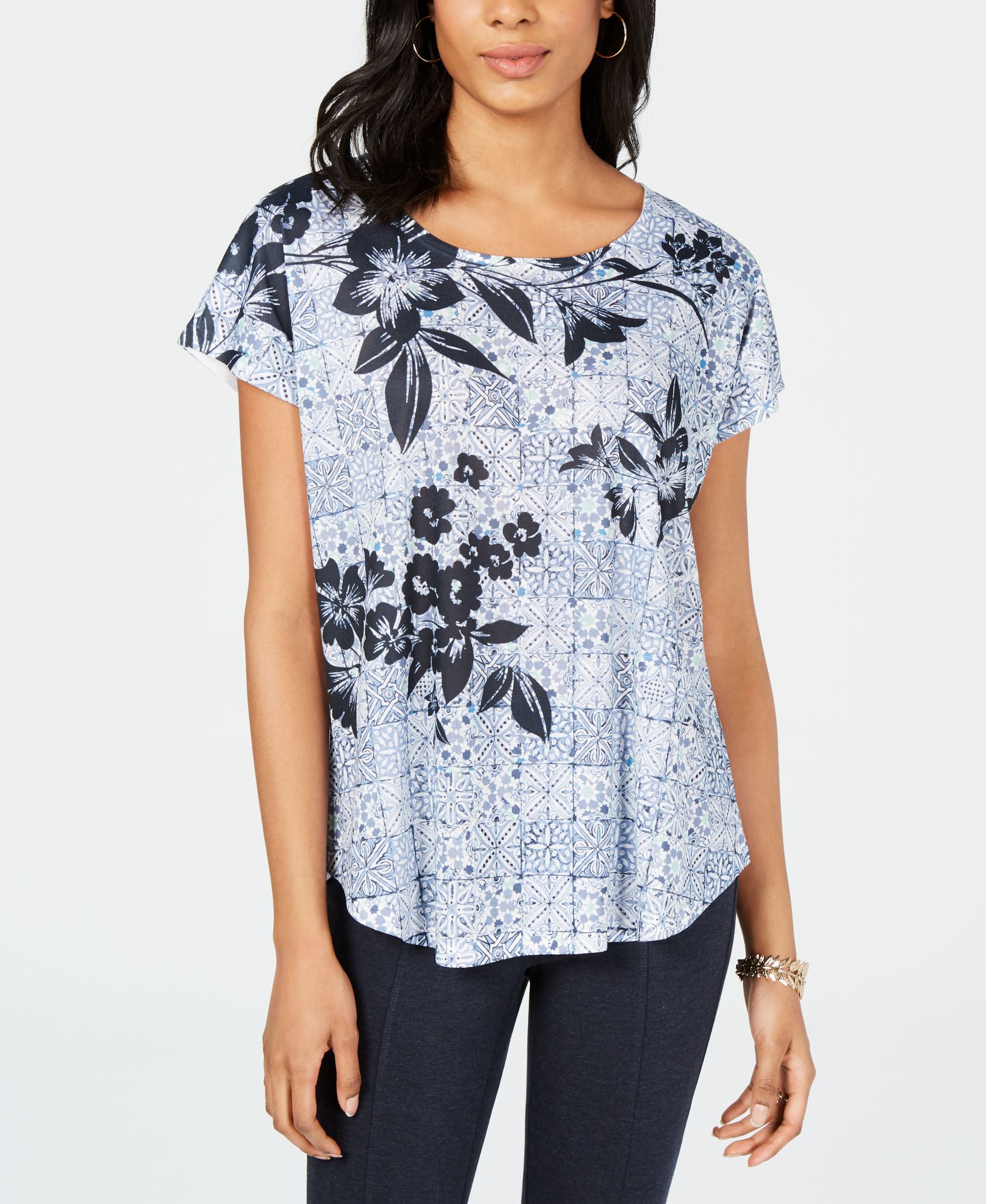 Style & Co Short Sleeve Printed Dolman Top