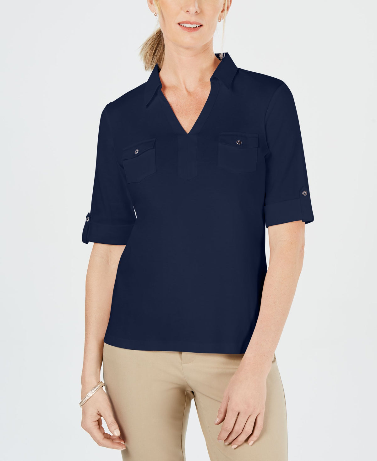 Cotton Cuffed Elbow-Sleeve Top