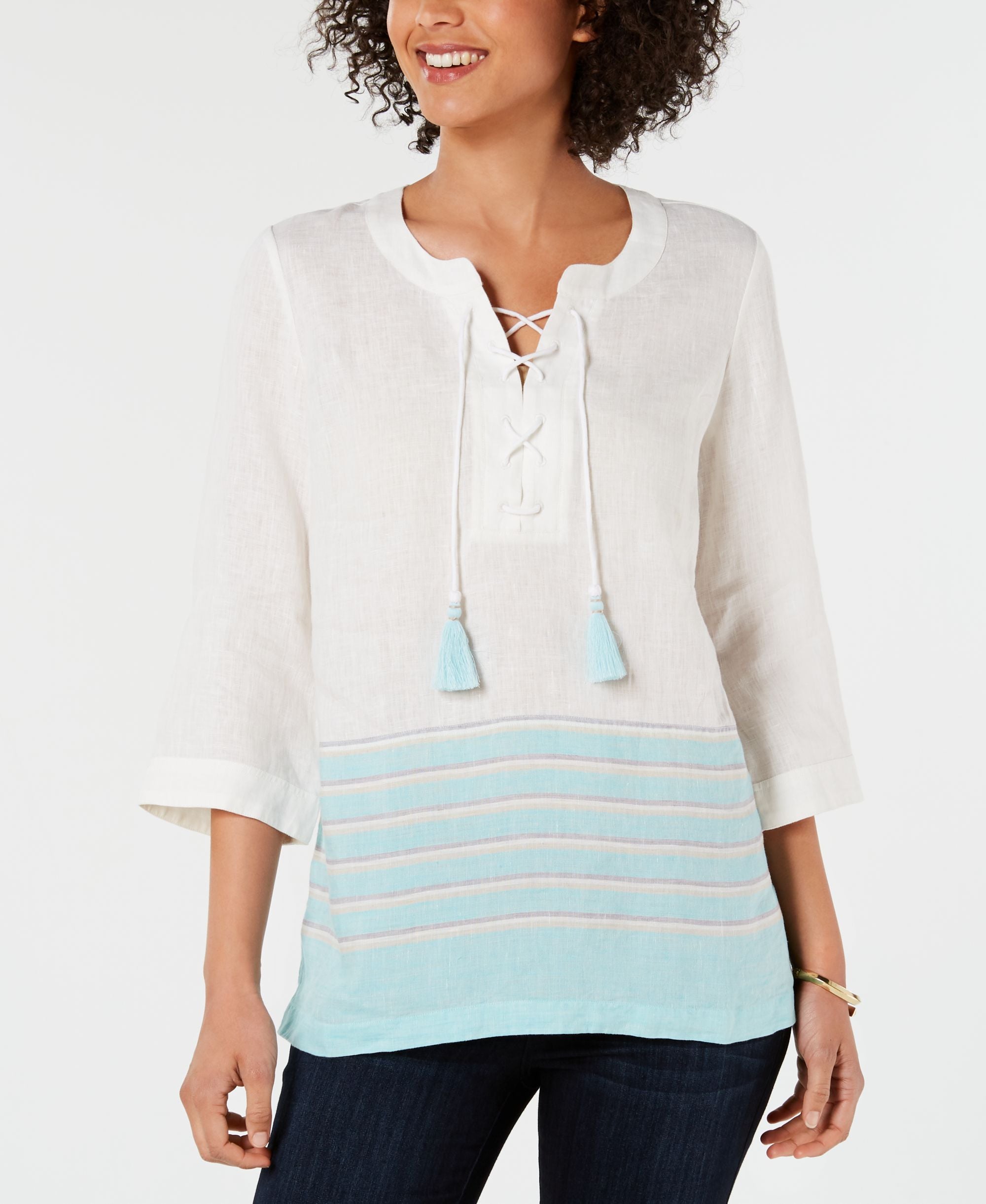 Charter Club Linen Lace-Up Striped Top
