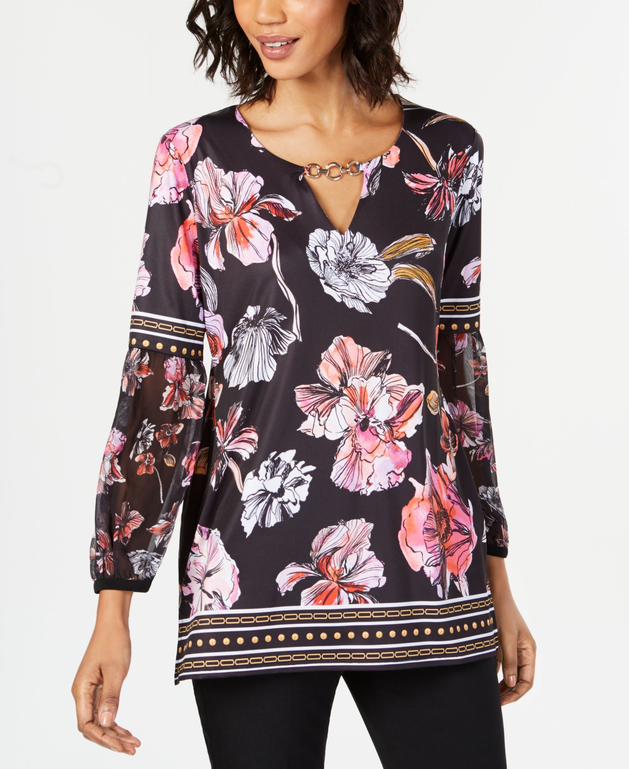 Floral-Print Keyhole Tunic