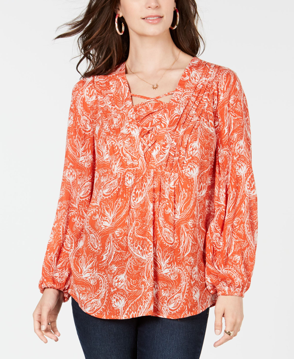 Style & Co Printed Pintucked Lace Up Top