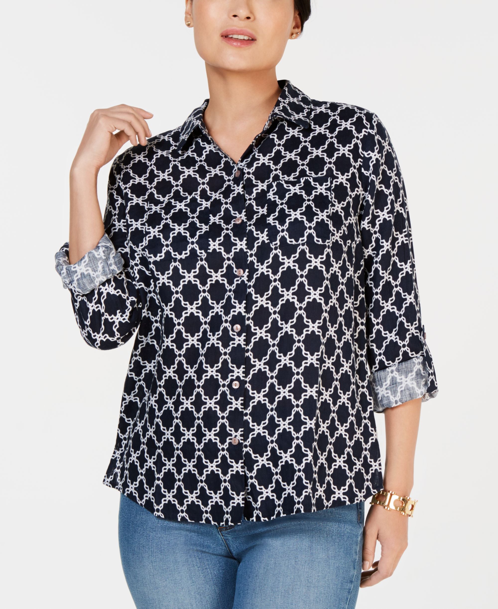 Charter Club Linen Printed Roll Tab Blouse