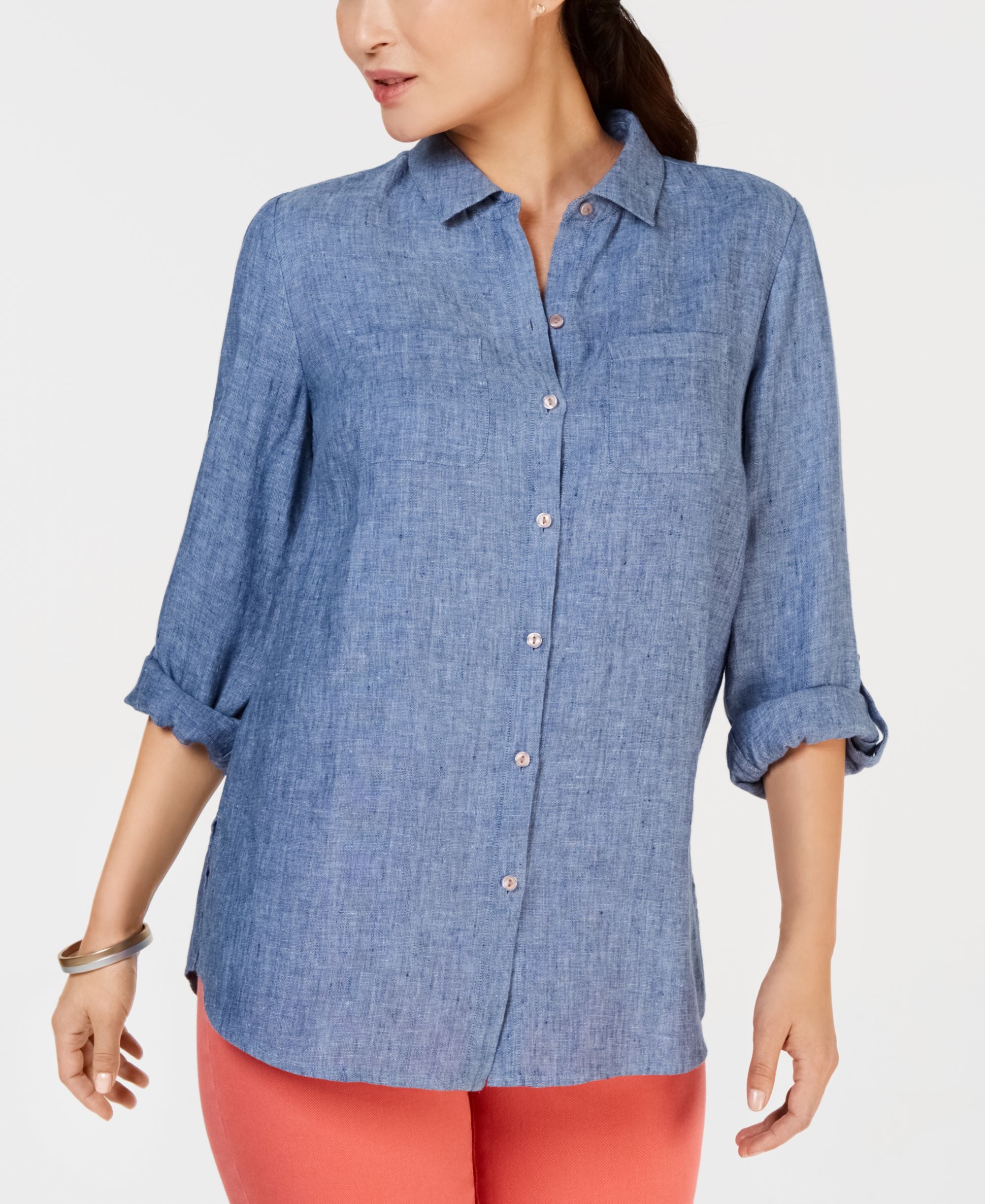 Petite 100% Linen Button-Front Shirt