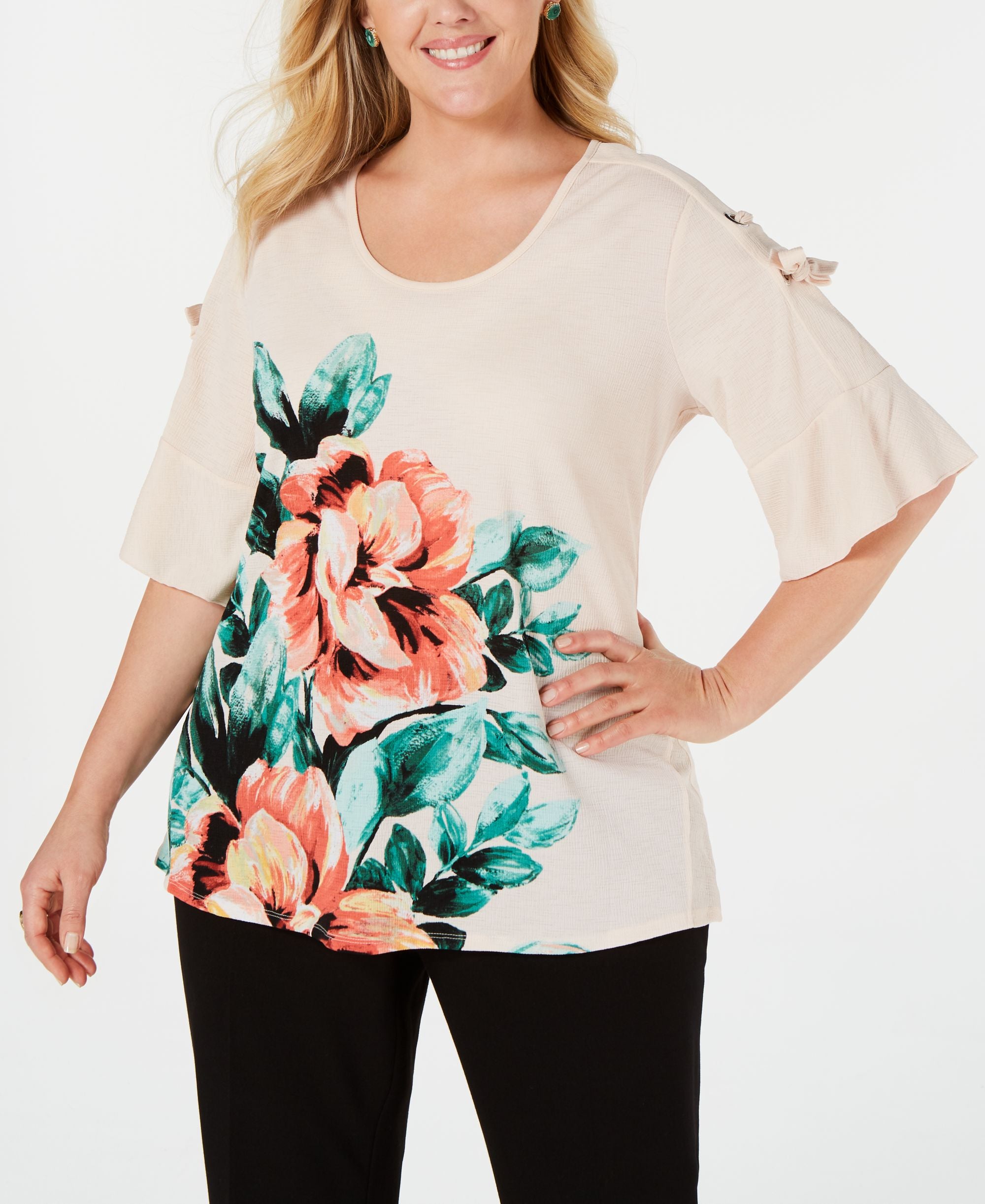 JM Collection Plus Size Printed Lace Up Top