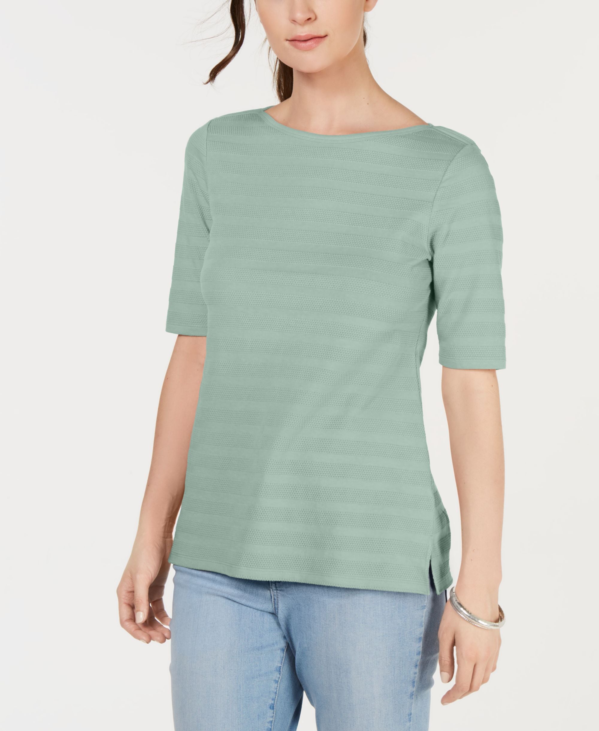 Charter Club Cotton Texture Striped Elbow Sleeve Top