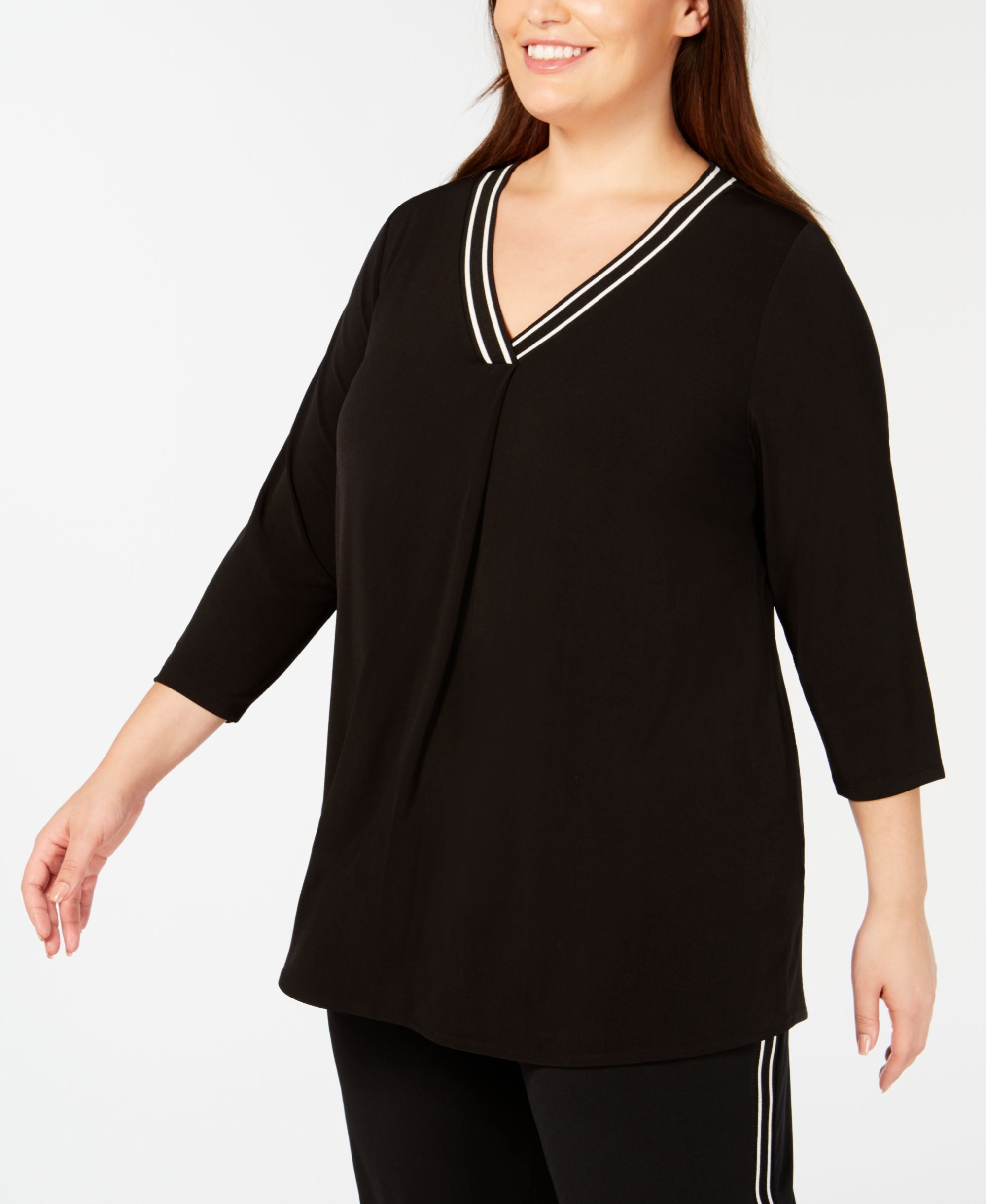 Alfani Plus Size Striped Sweater Trim Top