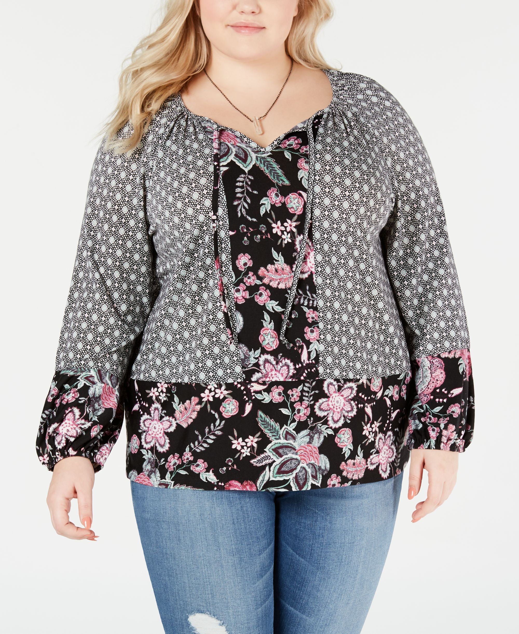 Plus Size Mixed-Print Bishop-Sleeve Top