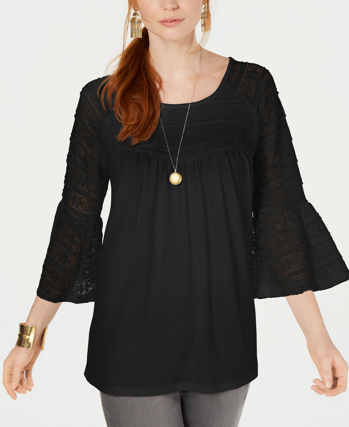Lace Bell-Sleeve Scoop-Neck Top