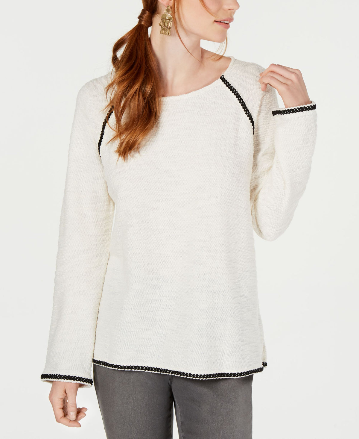 Braided-Trim Scoop-Neck Top