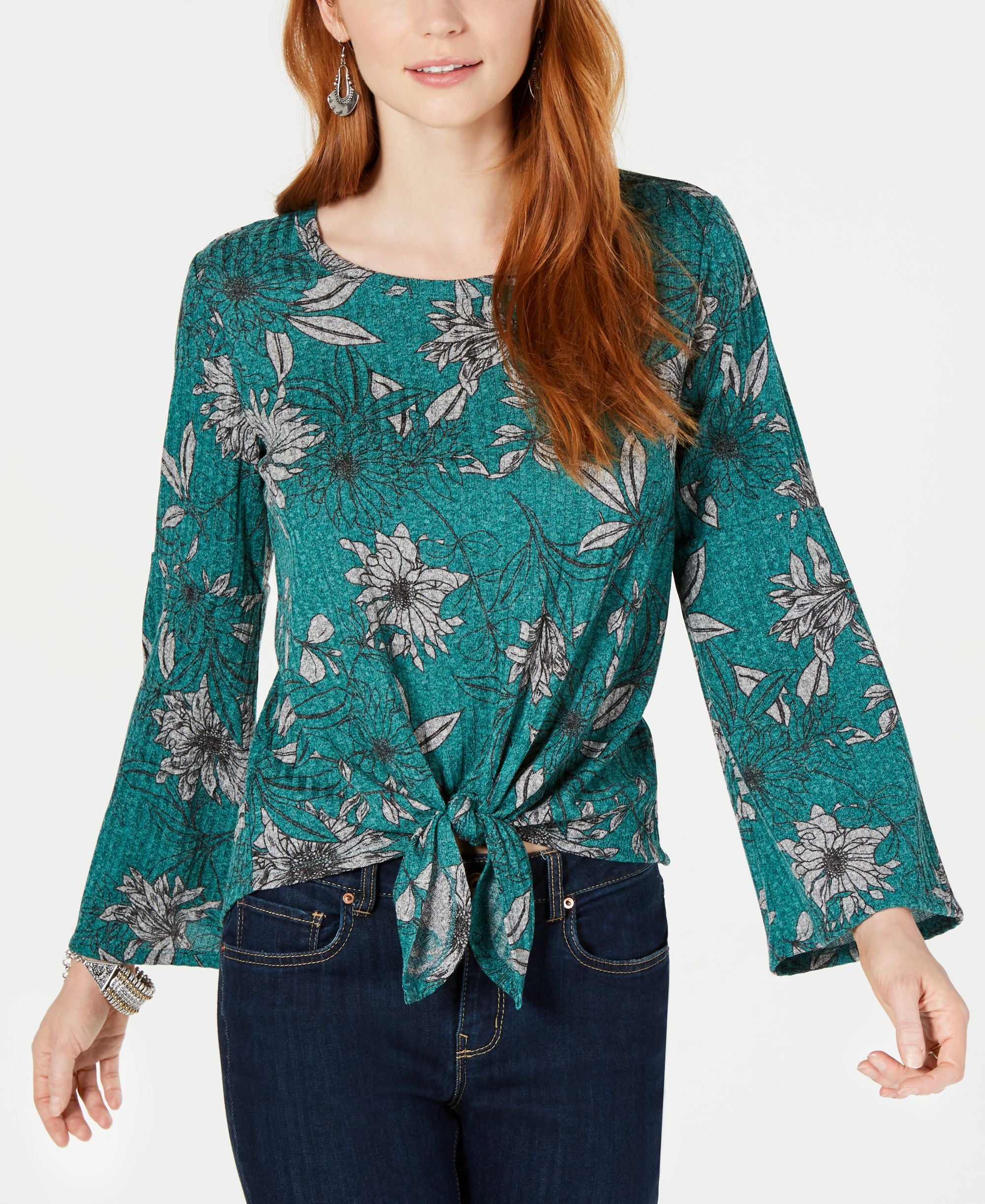 Tie-Front Lantern-Sleeve Top