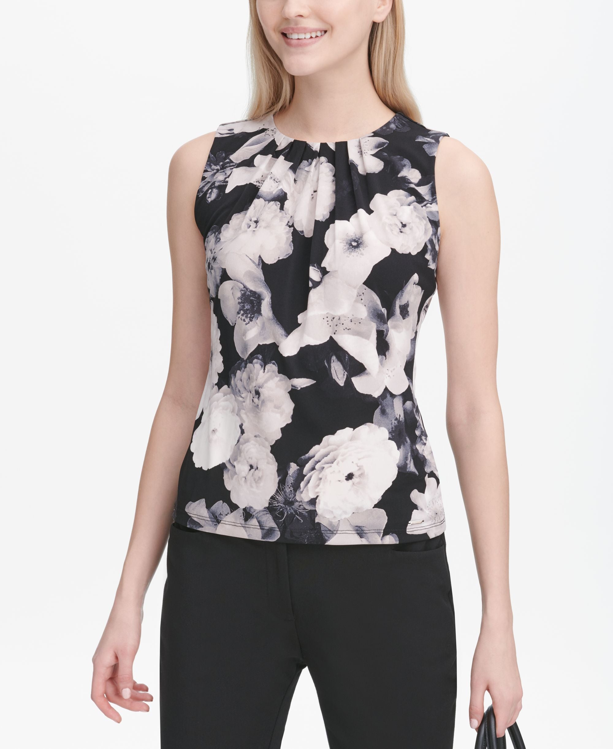 Calvin Klein Floral Print Pleat Neck Blouse