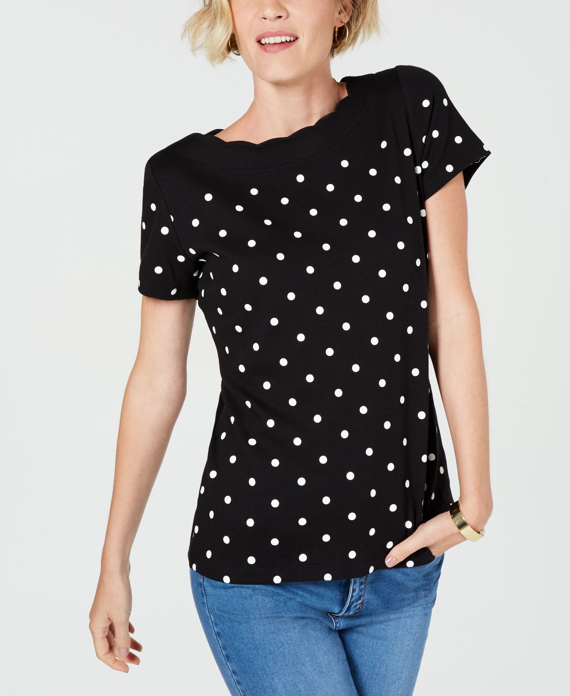 Karen Scott Cotton Printed Scalloped Trim Top