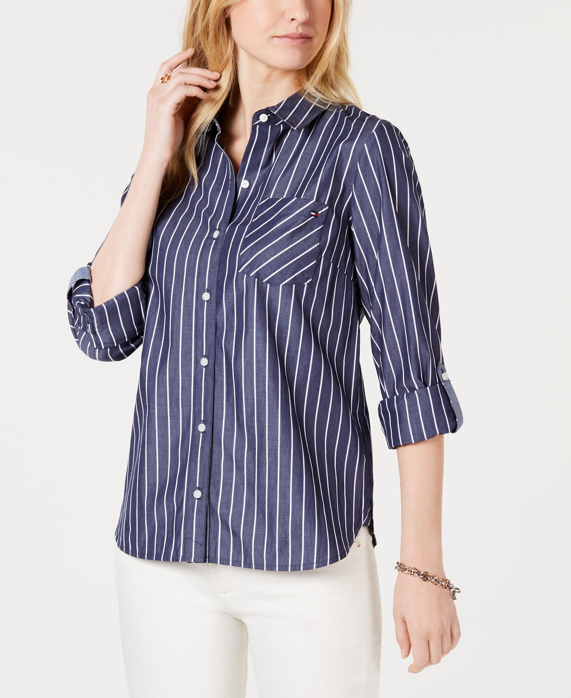 Tommy Hilfiger Cotton Striped Roll Tab Blouse