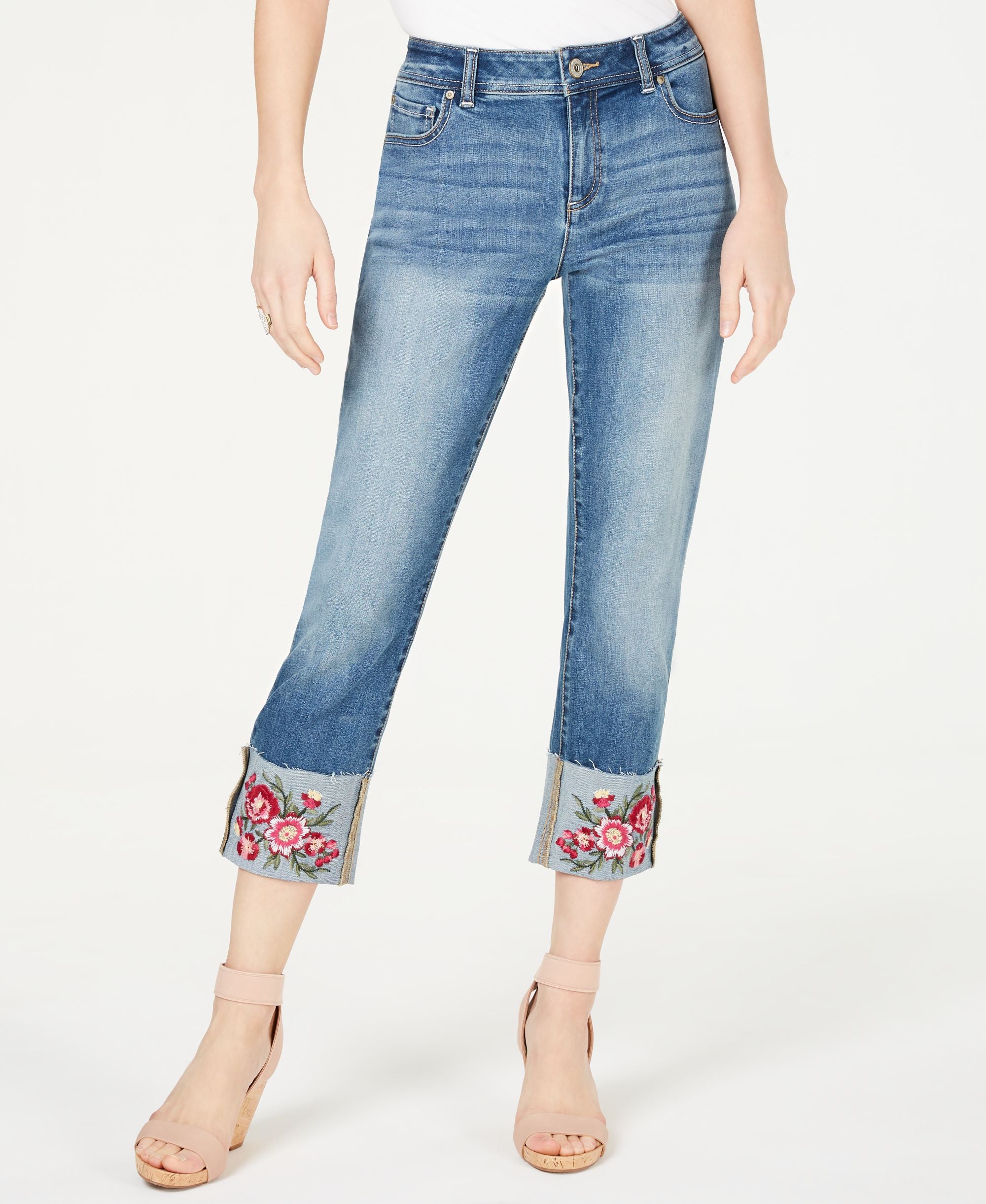INC Embroidered-Flower Cropped Straight-Leg Jeans