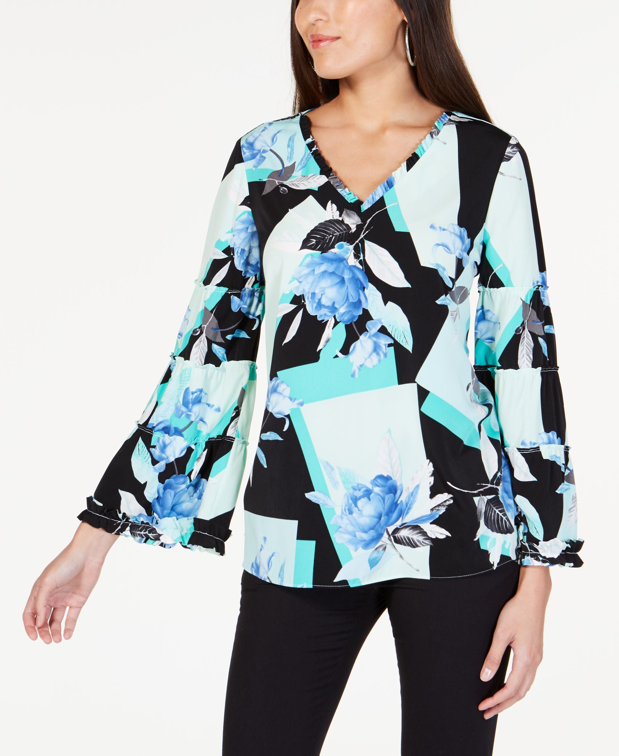 Alfani Petite Printed Ruffle Trim Top