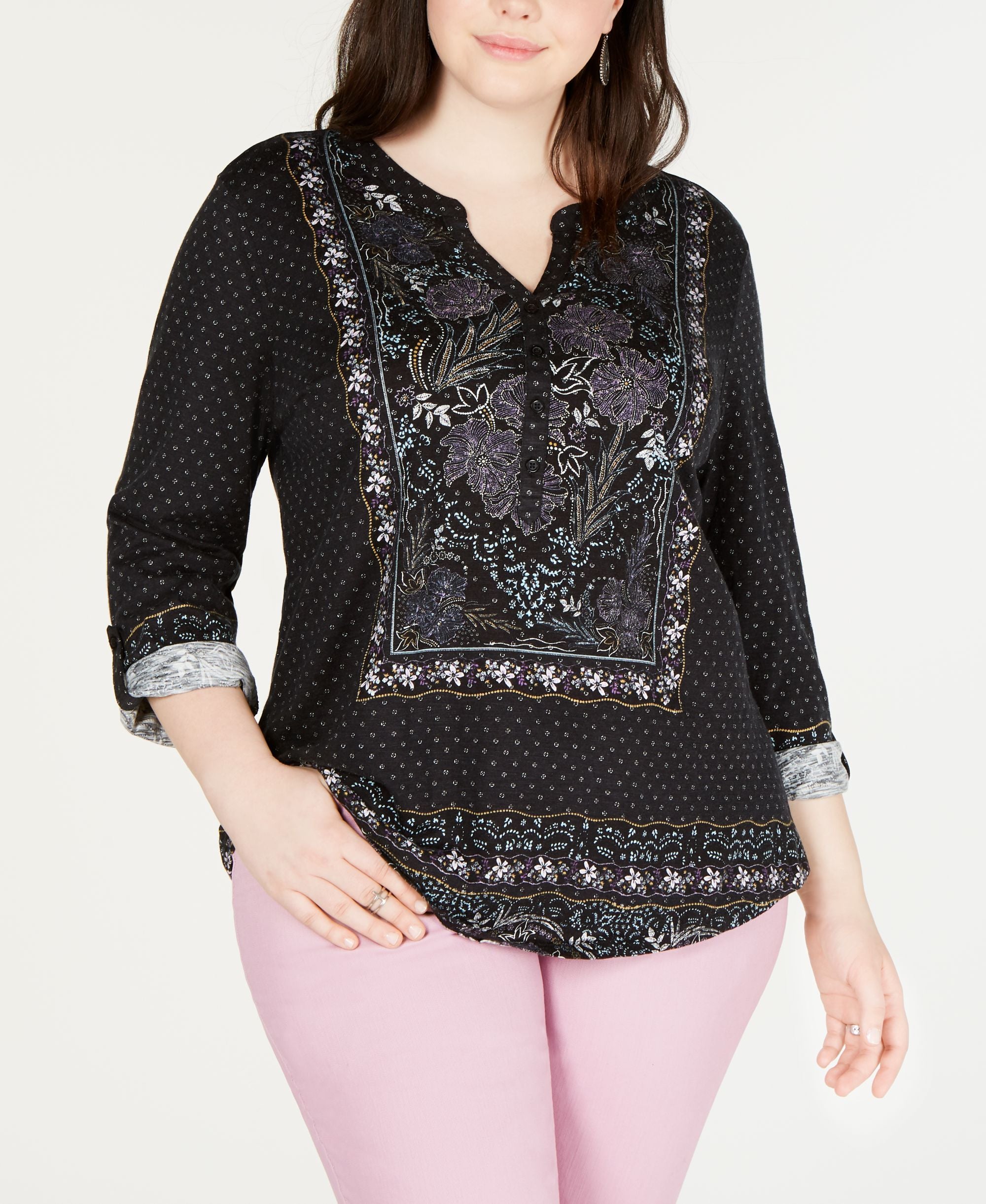 Style & Co Plus Size Printed Split Neck Top