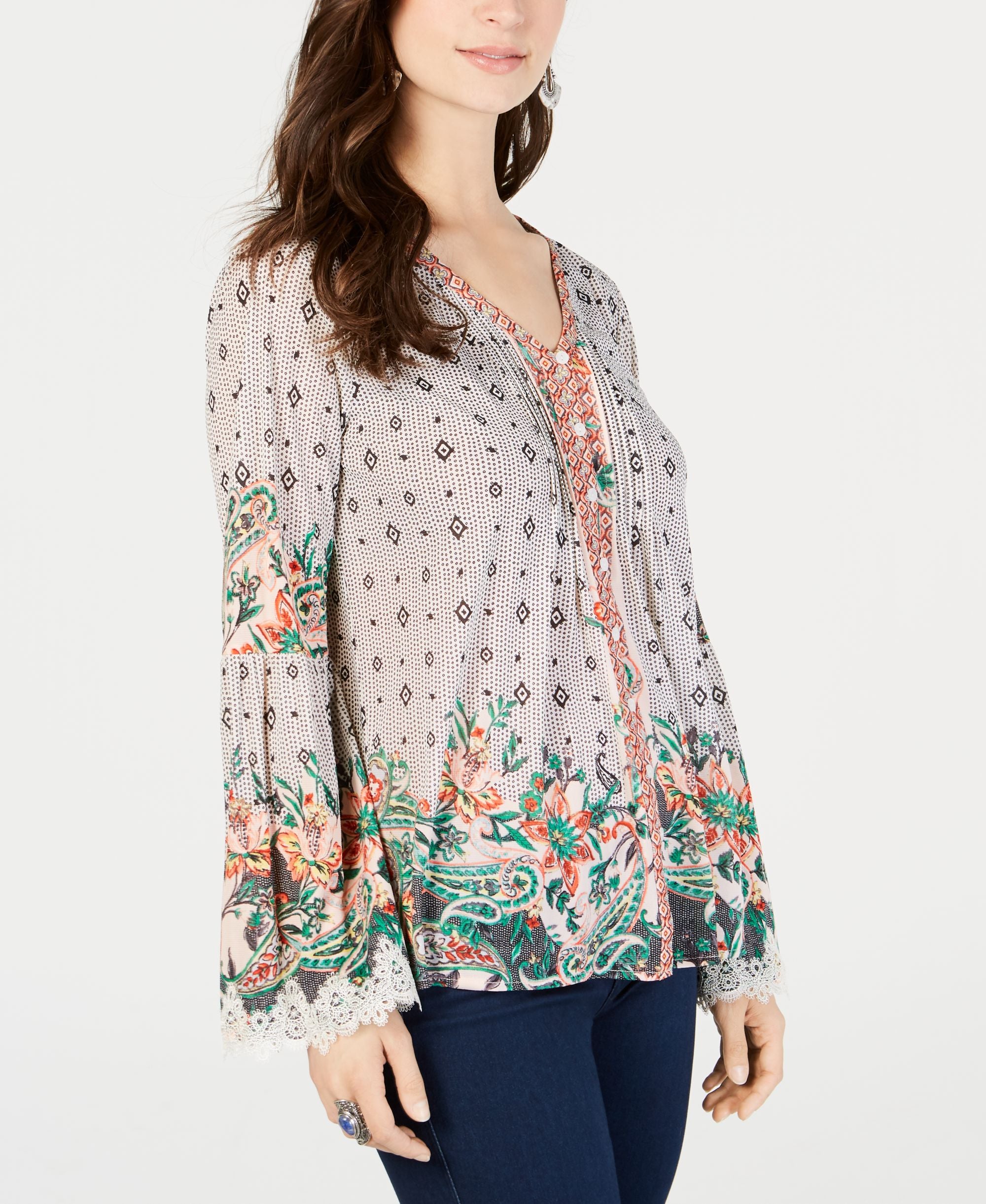 Style & Co Border Print V Neck Top