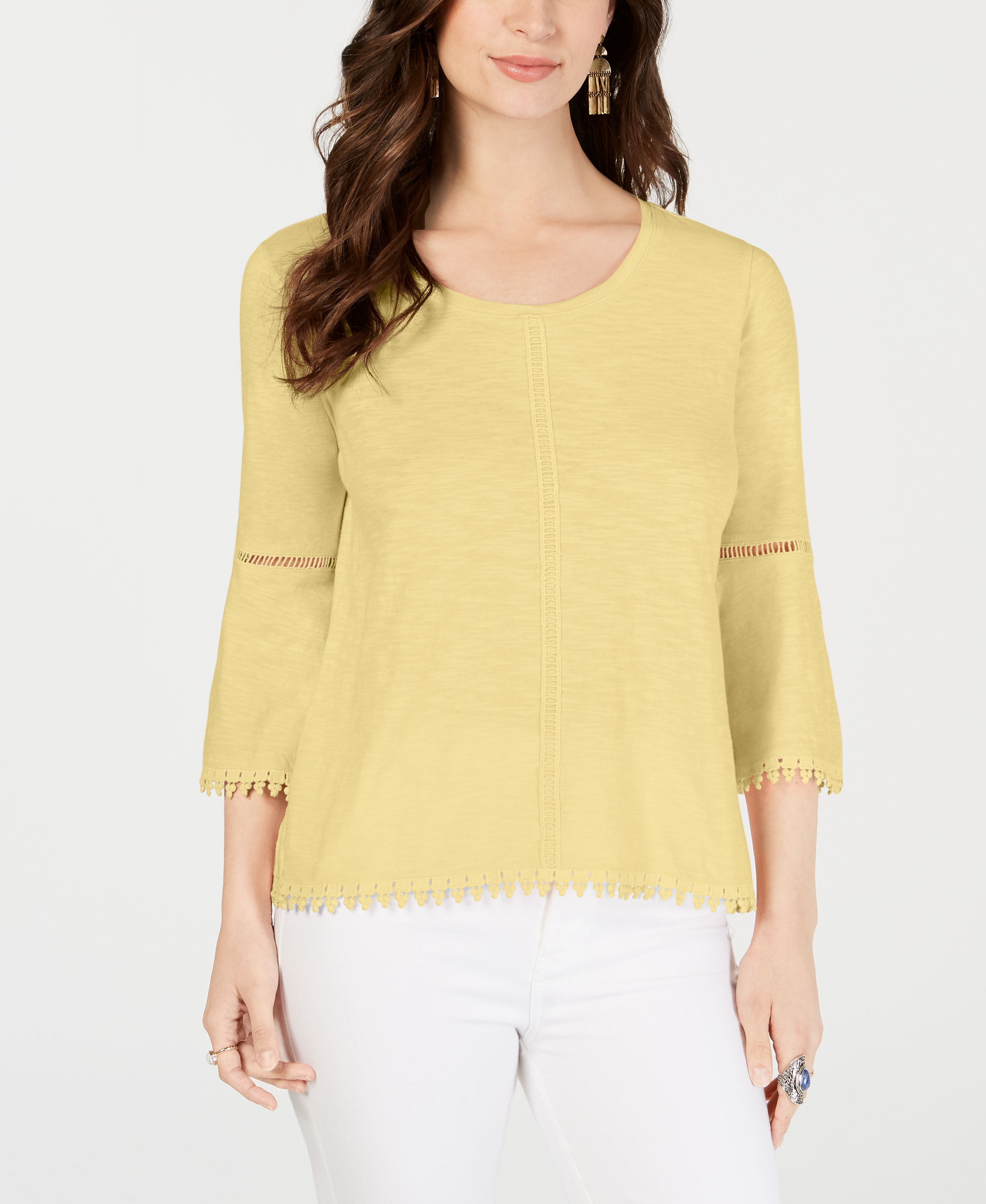 Style & Co Petite Crochet Trim Bell Sleeve Top