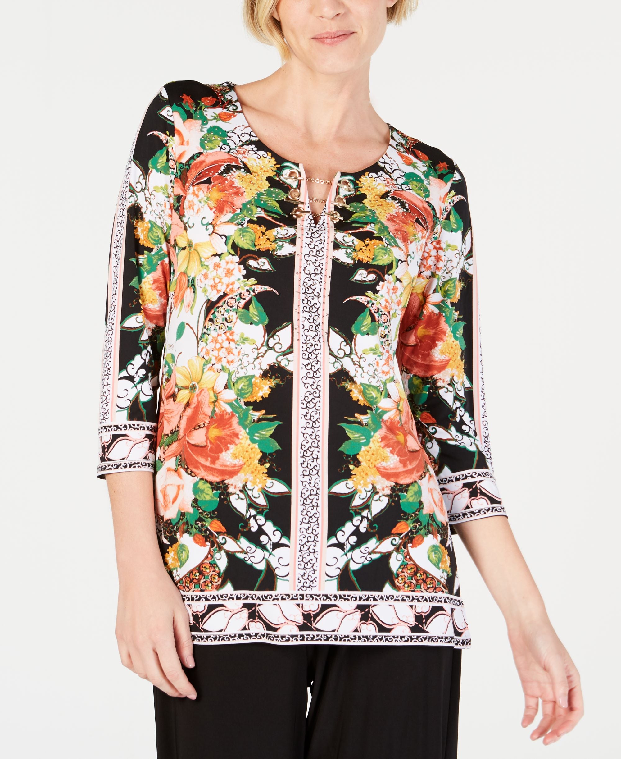 Petite Grommet-Toggle Printed Tunic