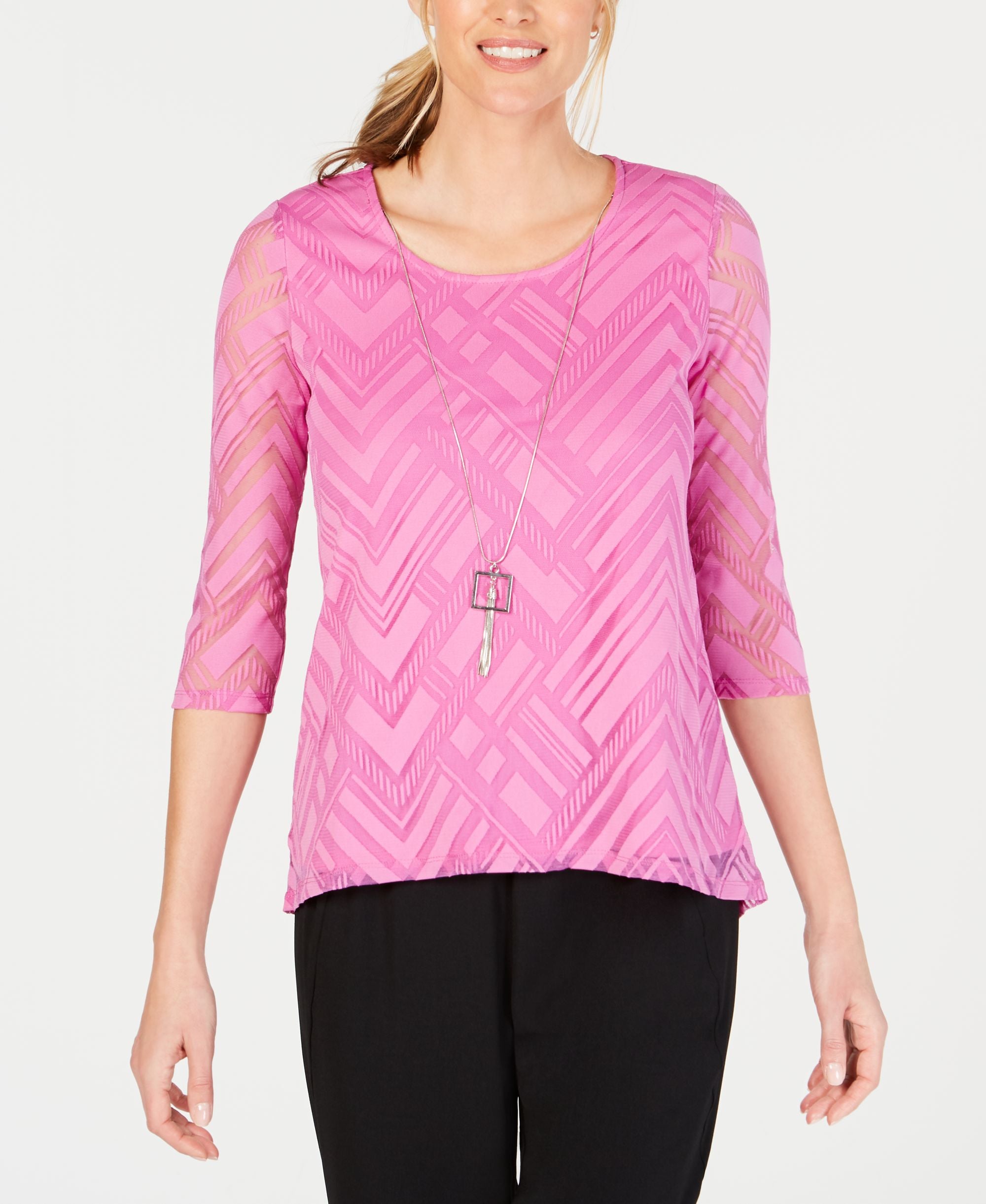 JM Collection Petite Sheer Overlay Removable Necklace Top