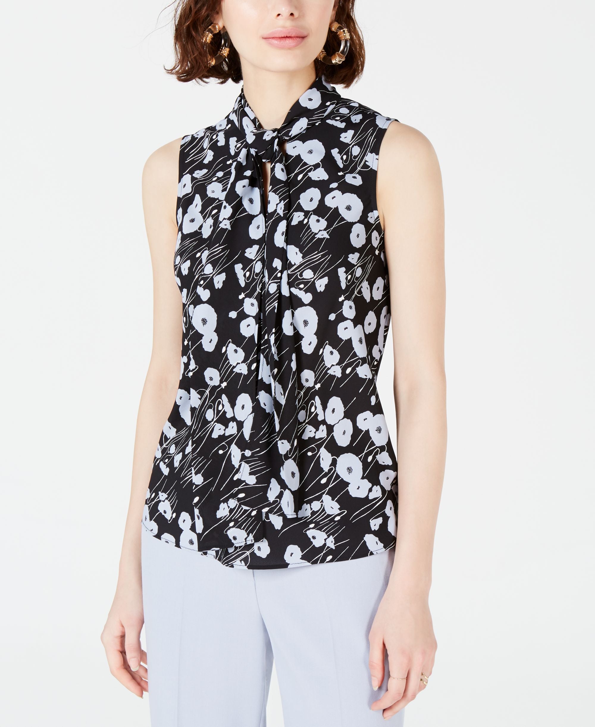 Bar III Printed Bow Neck Blouse