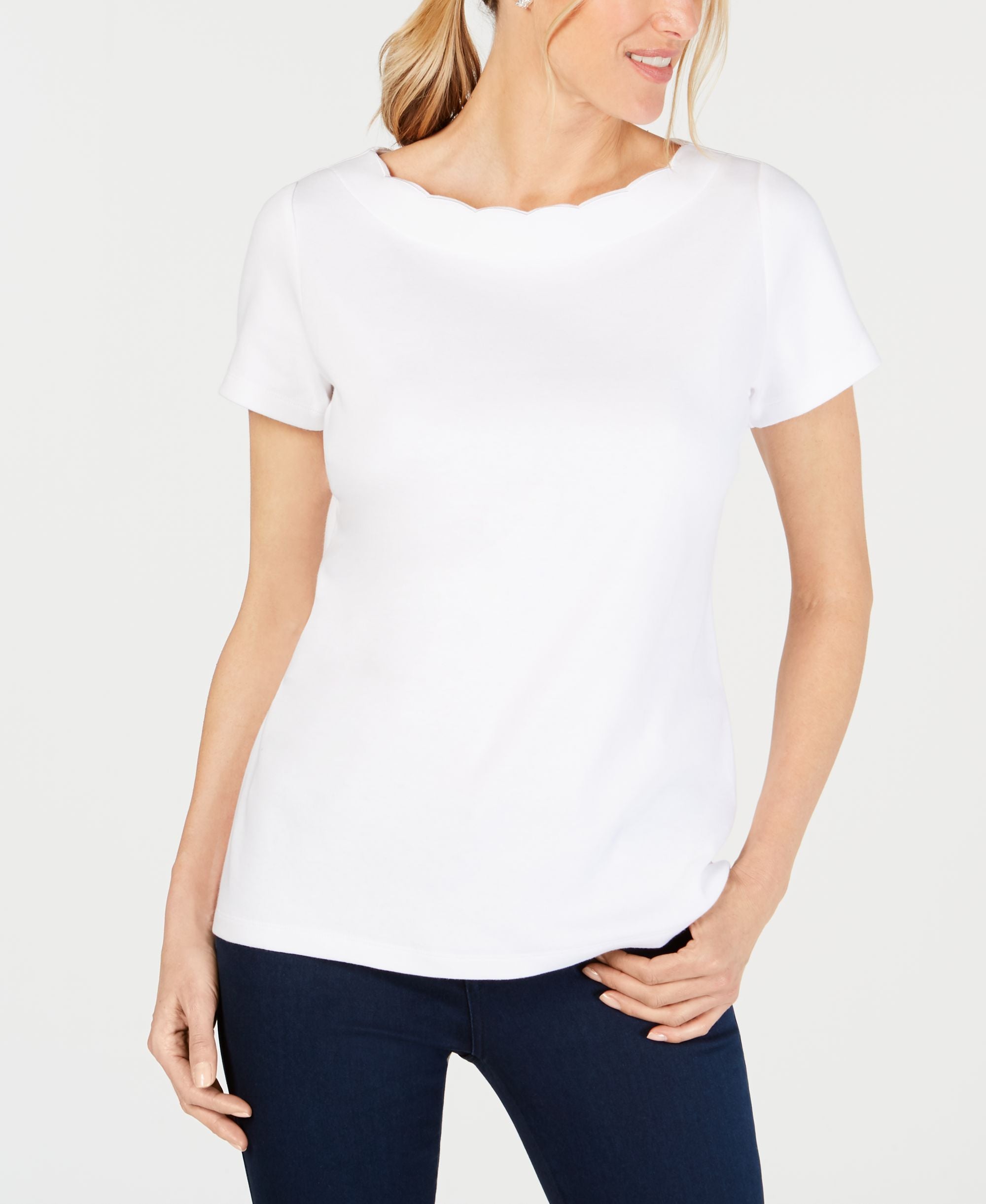 Karen Scott Scallop Neck Cotton Top