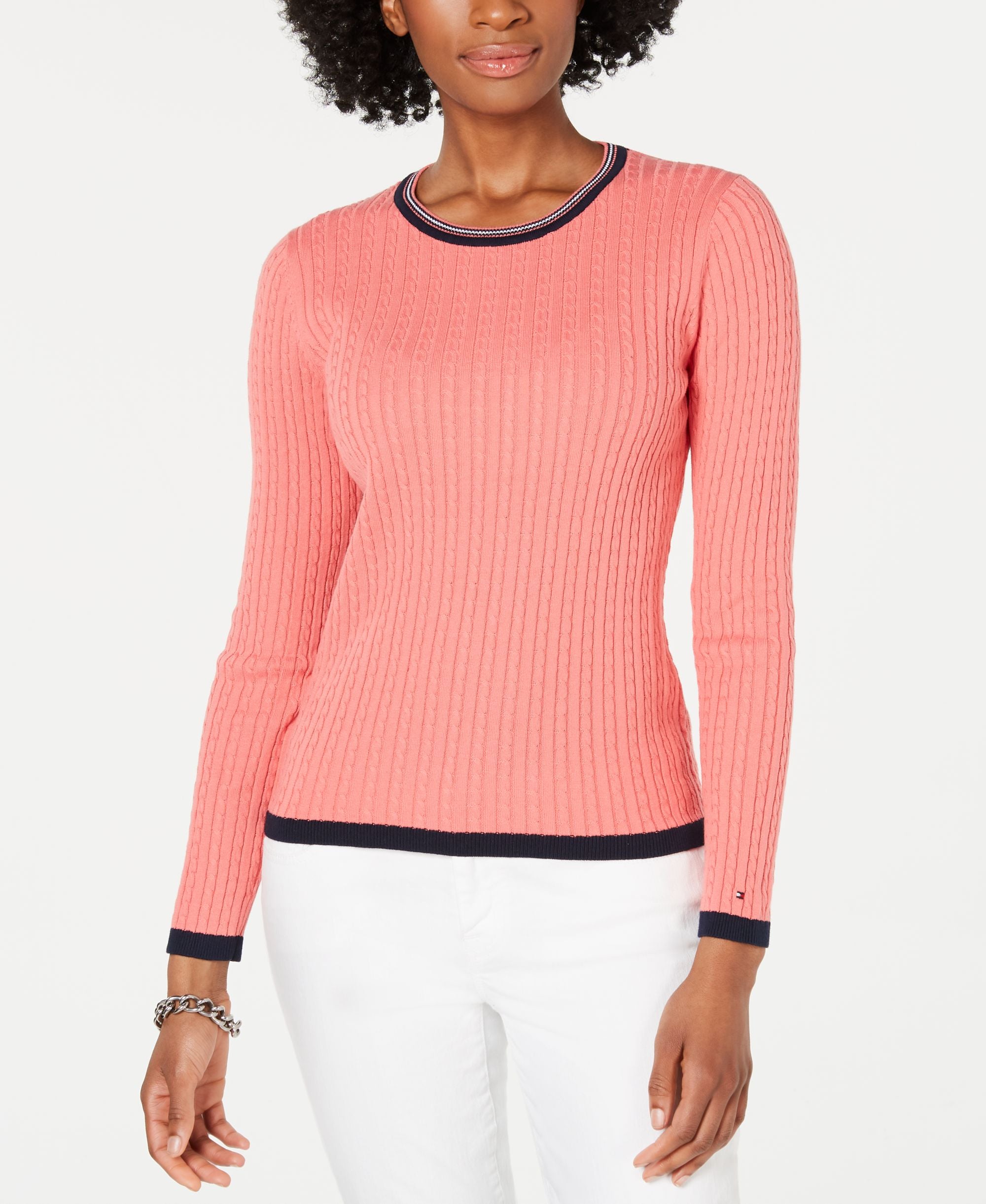 Tommy Hilfiger Cotton Cable Knit Contrast Trim Sweater