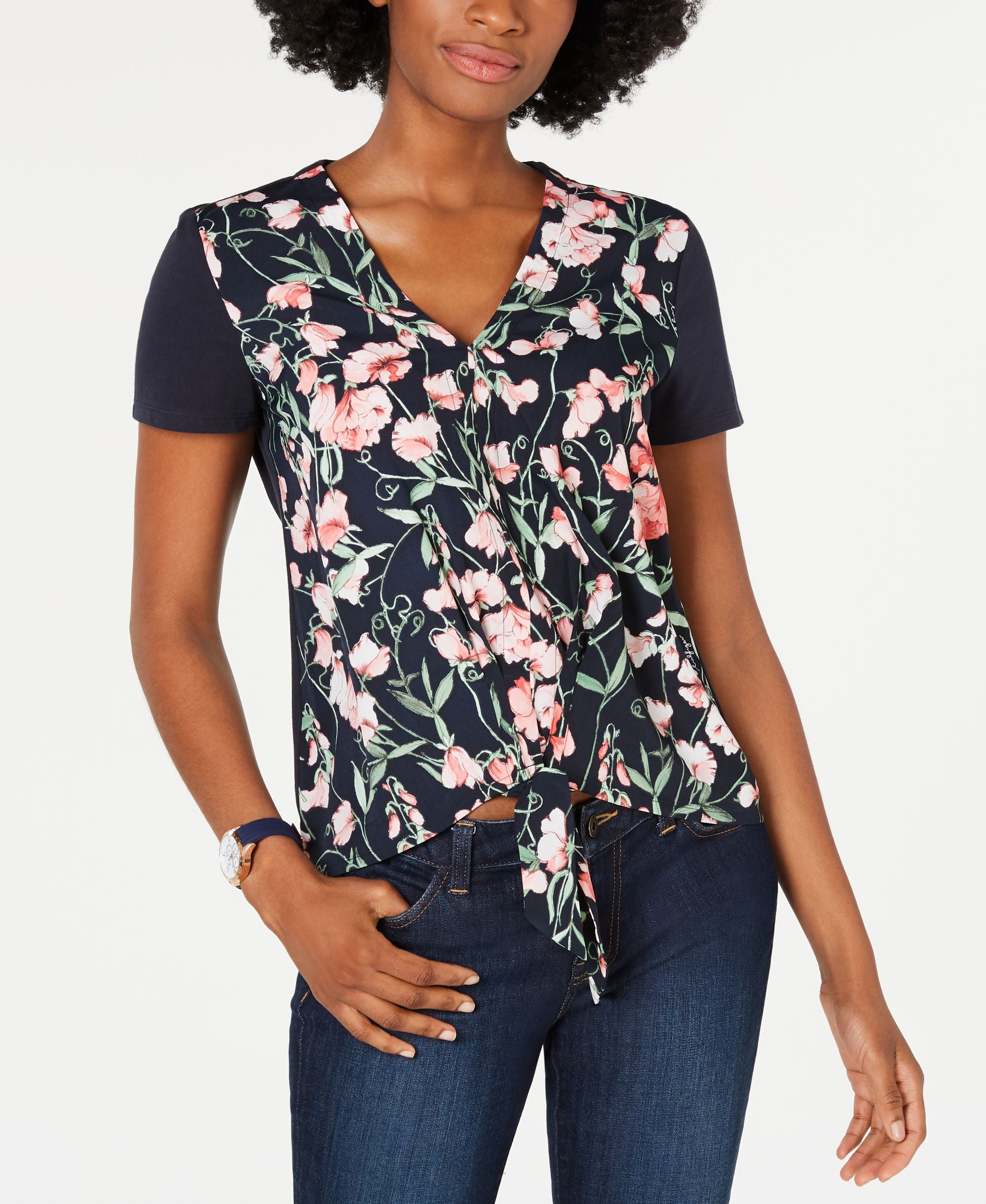 Tommy Hilfiger Floral Print Tie Hem Top