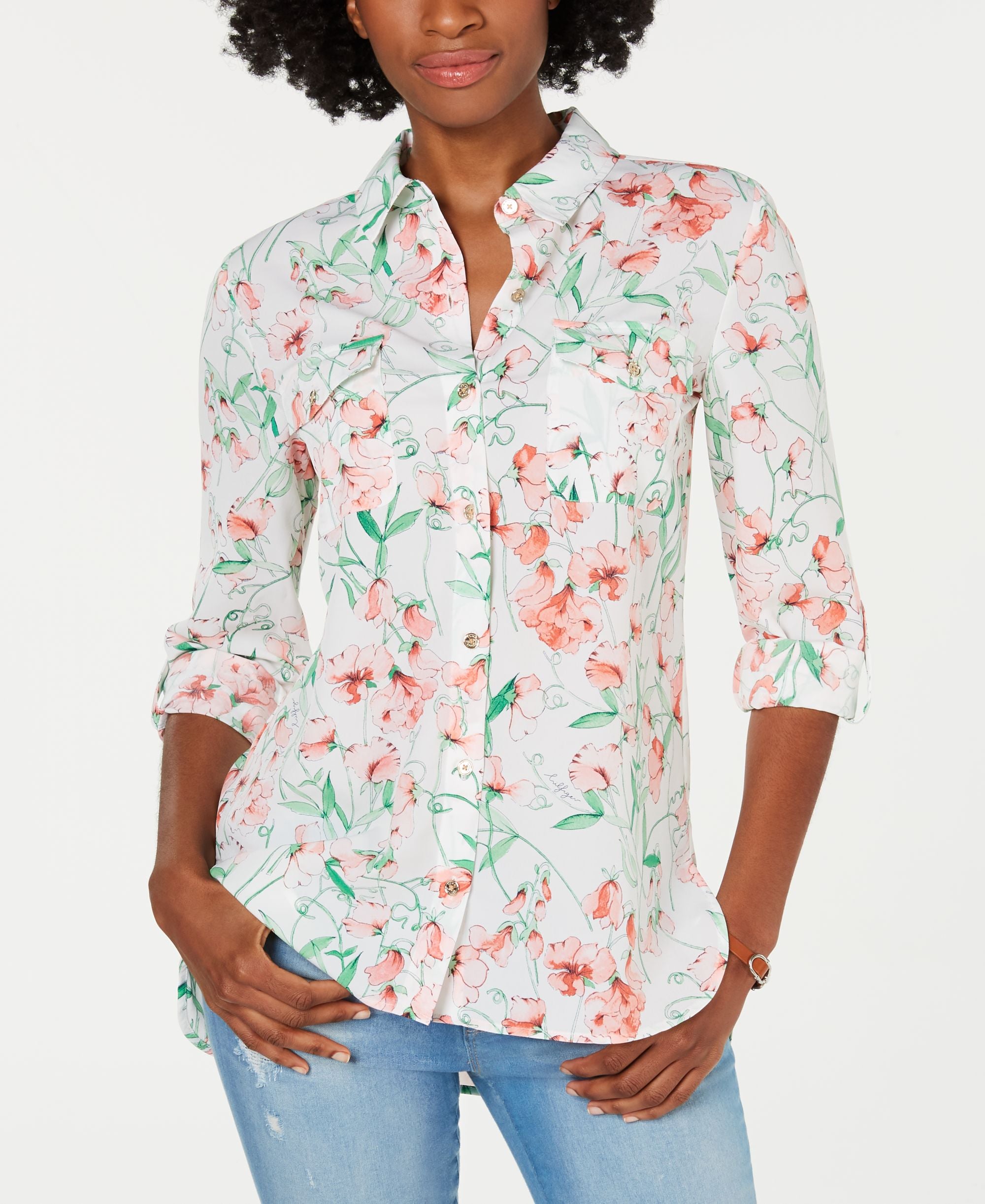 Tommy Hilfiger Floral Print Roll Tab Blouse