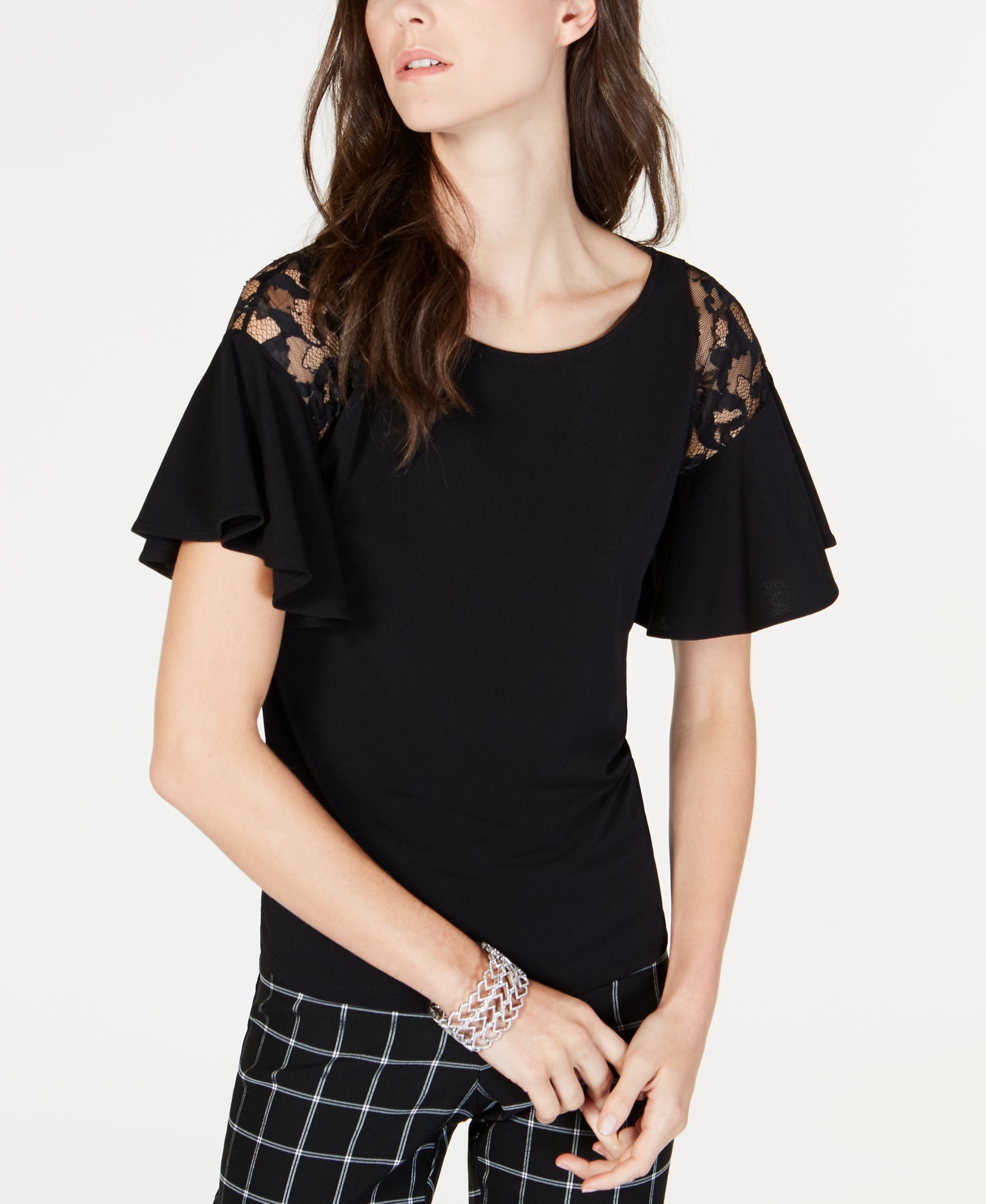 Short Sleeve Lace Detail Ruffle Shirt